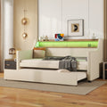 Twin Size Daybed With Trundle, Upholstered Daybed With Charging Station And Led Lights, Beige Twin Beige Pu Leather