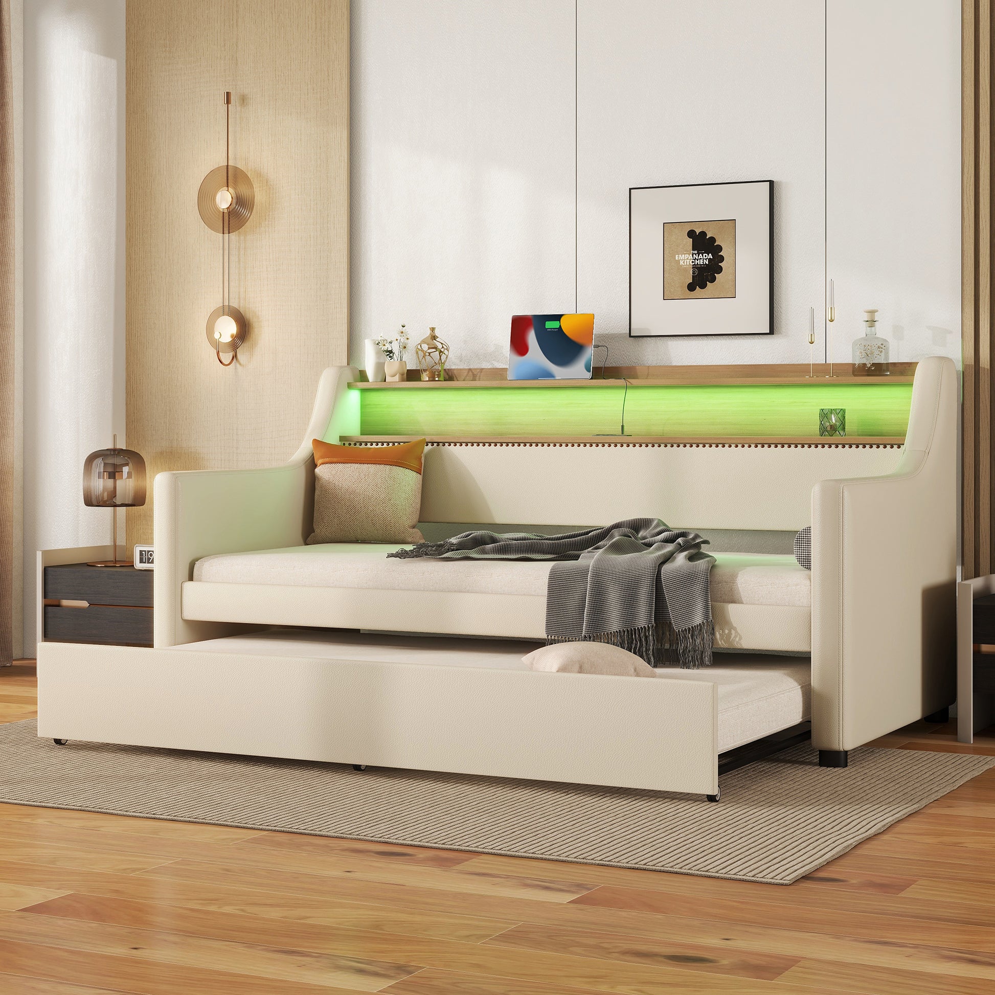 Twin Size Daybed With Trundle, Upholstered Daybed With Charging Station And Led Lights, Beige Twin Beige Pu Leather