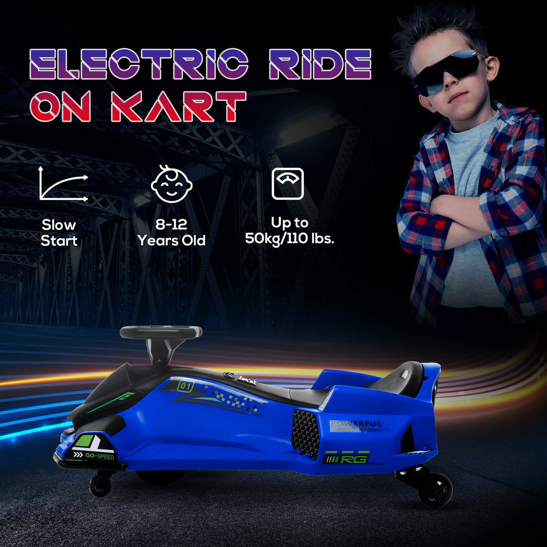 Aosom 12V Electric Go Kart, 5 Mph Drifting Car, Battery Powered Ride On Toy Outdoor With Slow Start, Music, Colorful Lights, For 8 12 Years Old, Blue Blue Iron Plastic