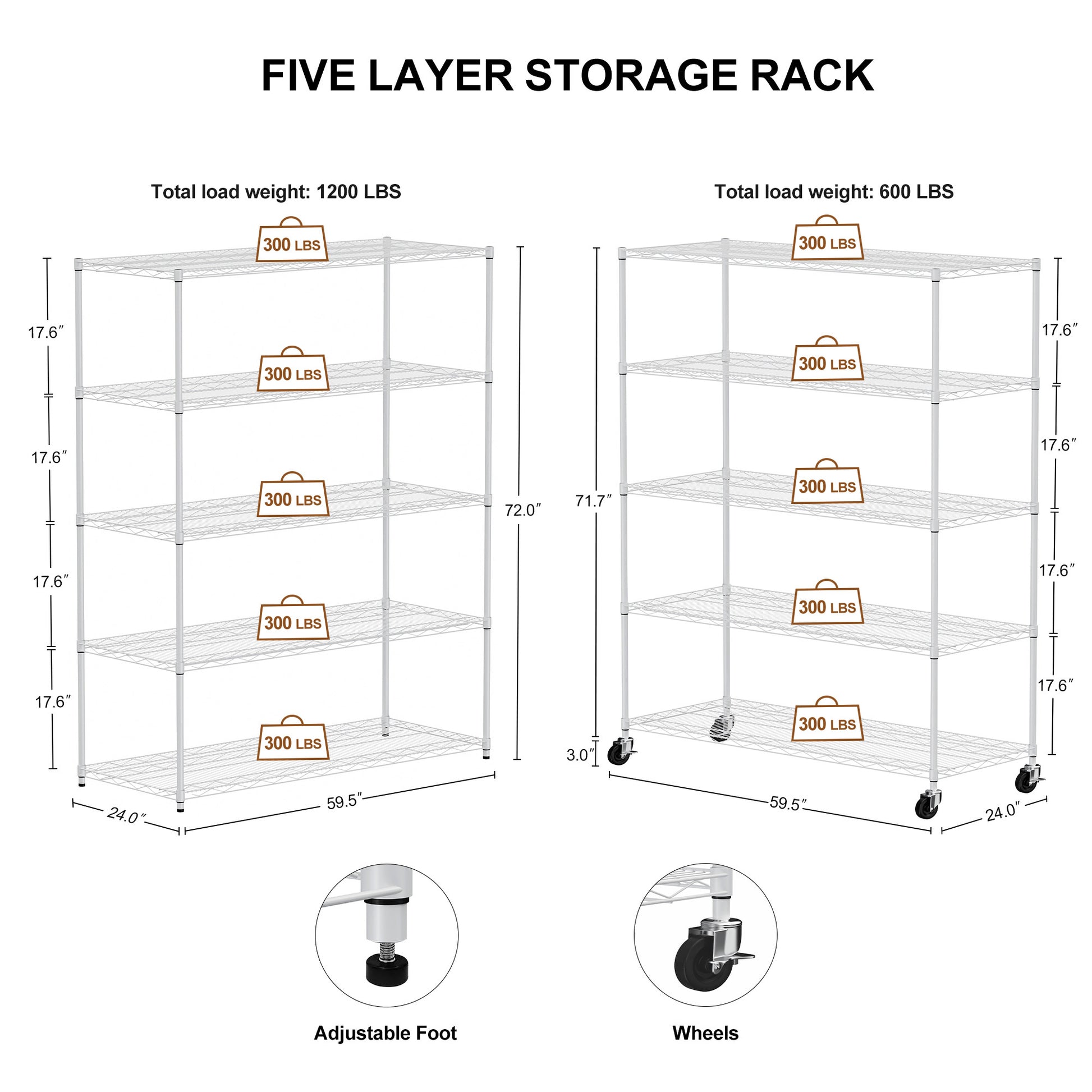 Warehouse, Supermarket, Kitchen, And Other 5 Layer Heavy Duty Adjustable Shelves With Wheels And Adjustable Feet, Each Metal Frame Bearing 300 Pounds. 59.45 "L 24.02 "W 71.65 "H,White White Steel