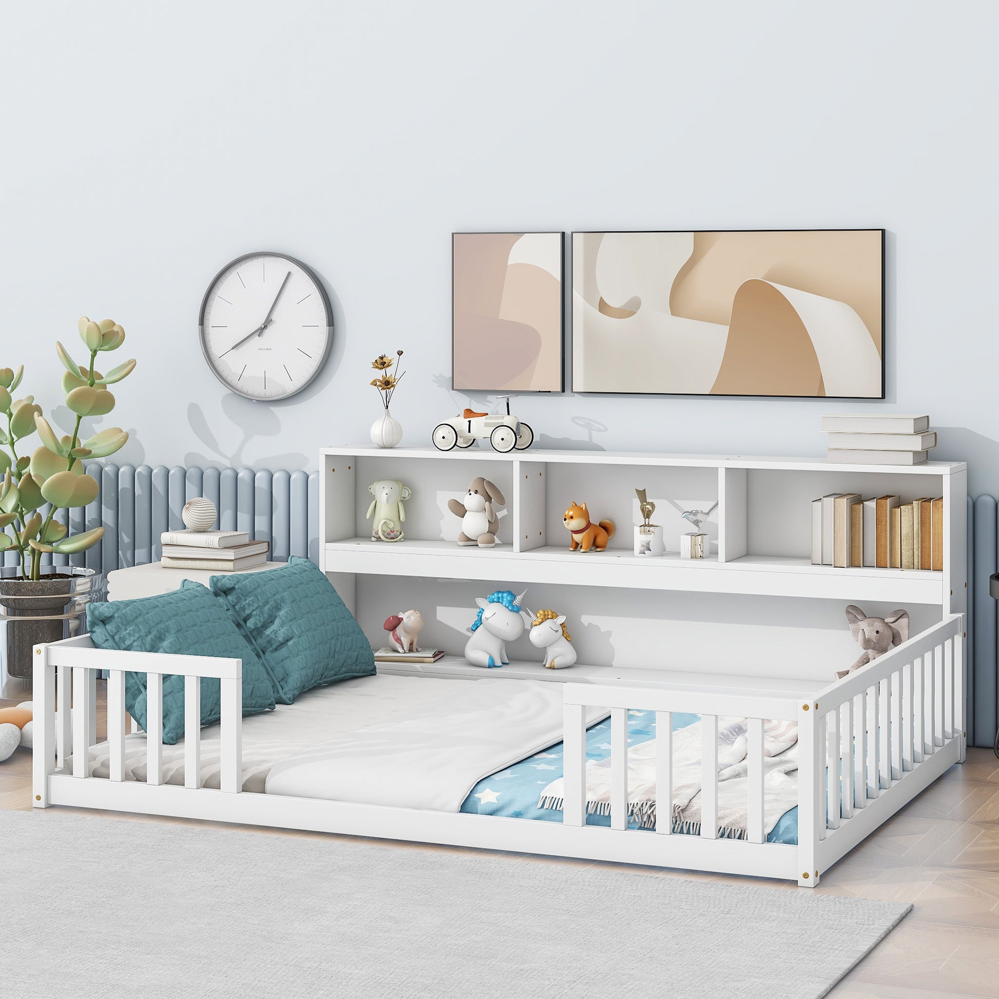 Full Floor Bed With Side Bookcase,Shelves,Guardrails,White Full White Bedroom American Design Pine