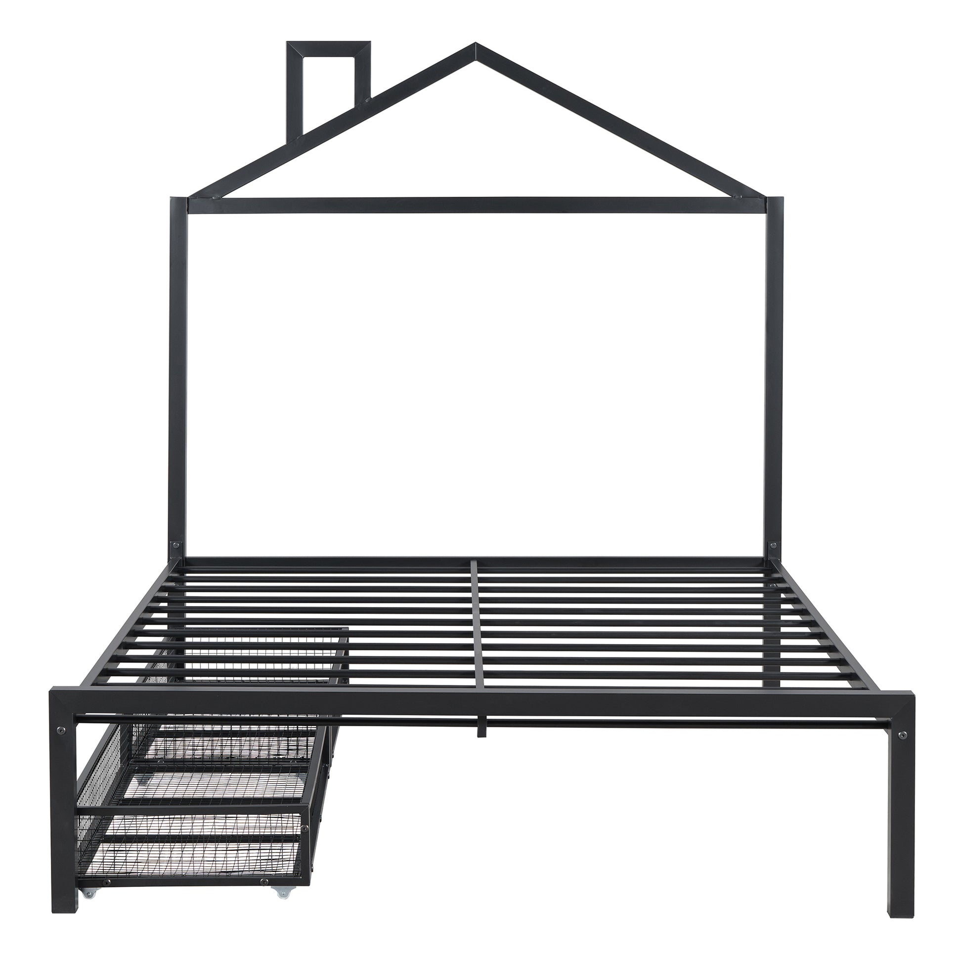 Full Size Metal Platform Bed With Two Drawers,House Shaped Headboard Design, Black Full Black Metal