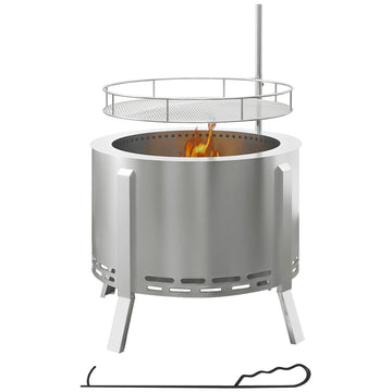 Outsunny 2 In 1 Smokeless Fire Pit, Bbq Grill, 19" Portable Wood Burning Firepit With Cooking Grate And Poker, Low Smoke Camping Bonfire Stove For Backyard Patio Picnic, Stainless Steel, Silver Silver Stainless Steel