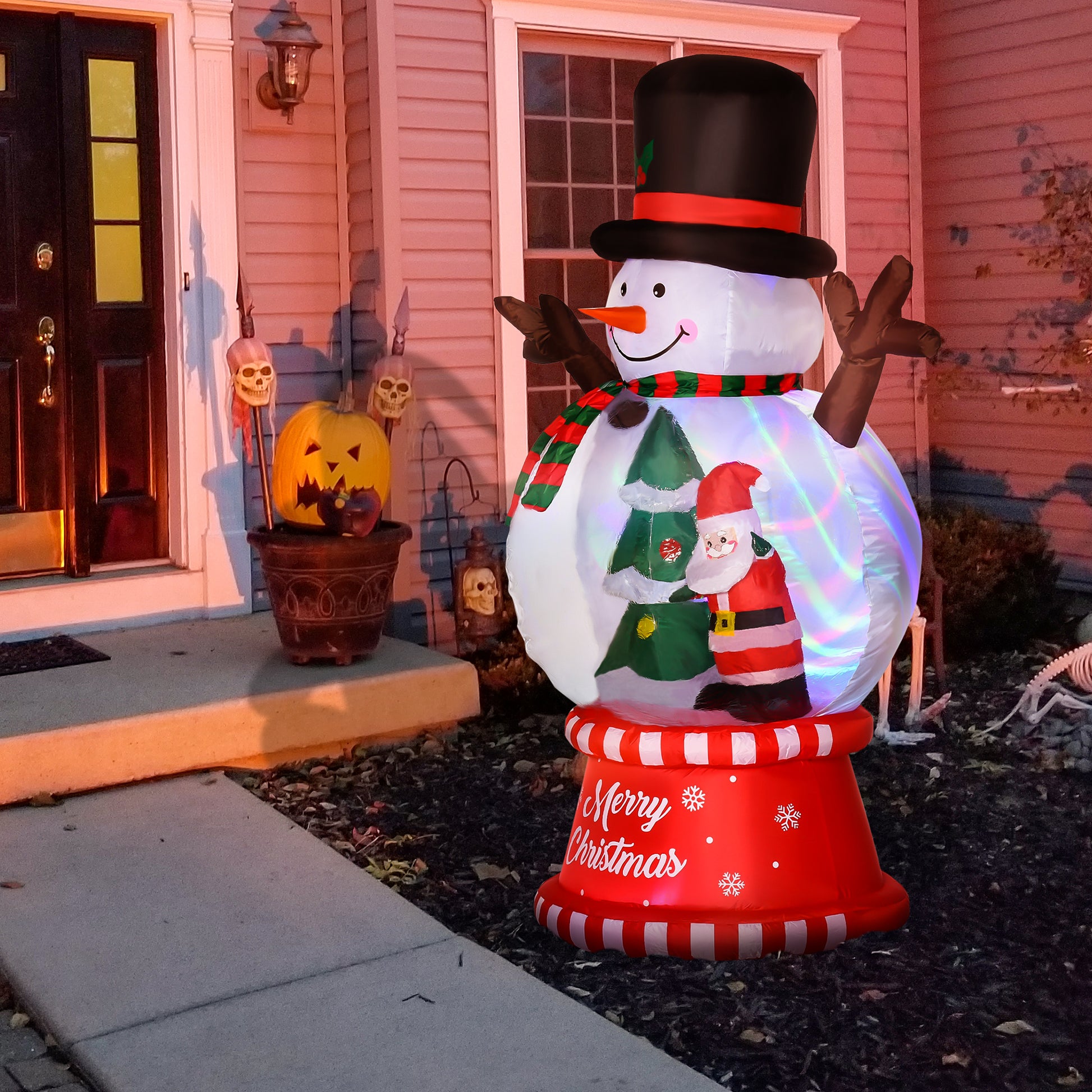 Outsunny 8Ft Christmas Inflatables Outdoor Decorations Snowman With Rotating Colorful Light, Blow Up Led Yard Display Christmas Decor For Lawn Garden White Polyester