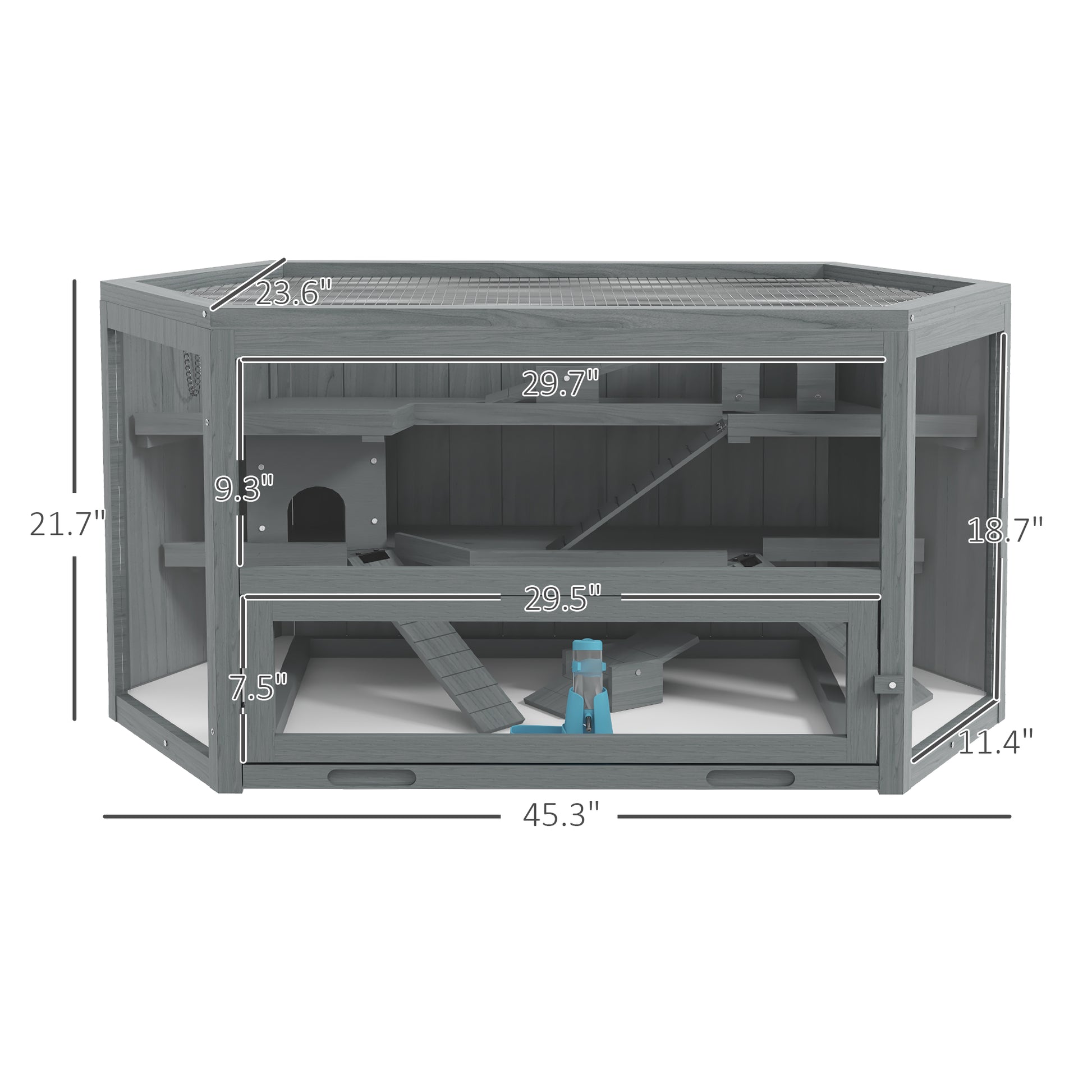 Pawhut Wooden Large Hamster Cage Small Animal Exercise Play House 3 Tier With Tray, Seesaws, Water Bottle, Activity Center, Gray Gray Wood