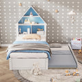 Twin Size House Shaped Bed With Bookcase Headboard And Led Light And Twin Size Trundle For Kids Boys Girls, Blue White Box Spring Not Required Twin White Blue Wood Bedroom Cute Bed Frame Wood