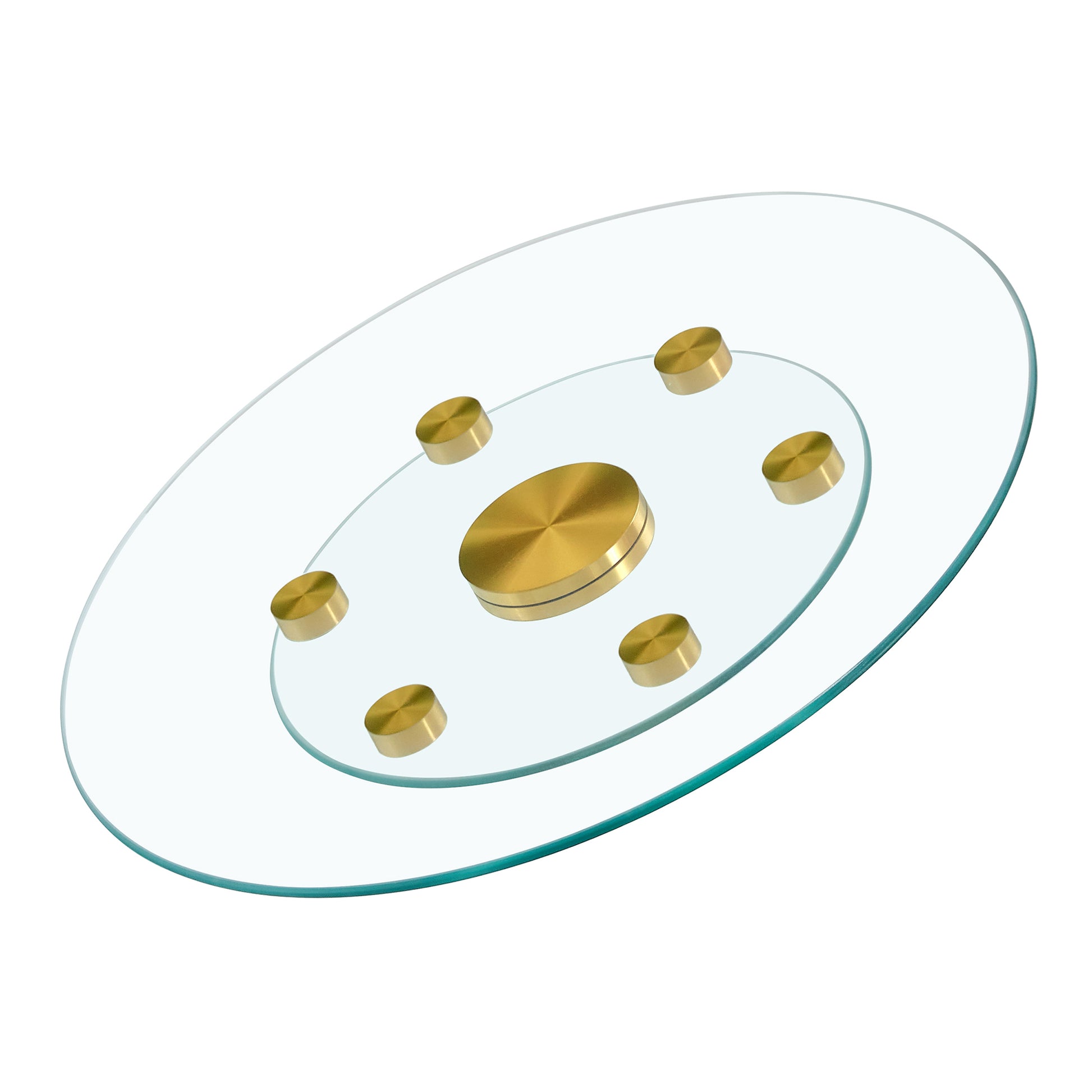 Double Layer Rotatable Round Glass.Golden Aluminum Plate,The Rotatable Design Makes It Convenient To Retrieve And Place Items.The Upper Glass Has A Diameter Of 24 Inches, The Lower Glass15 Inches.