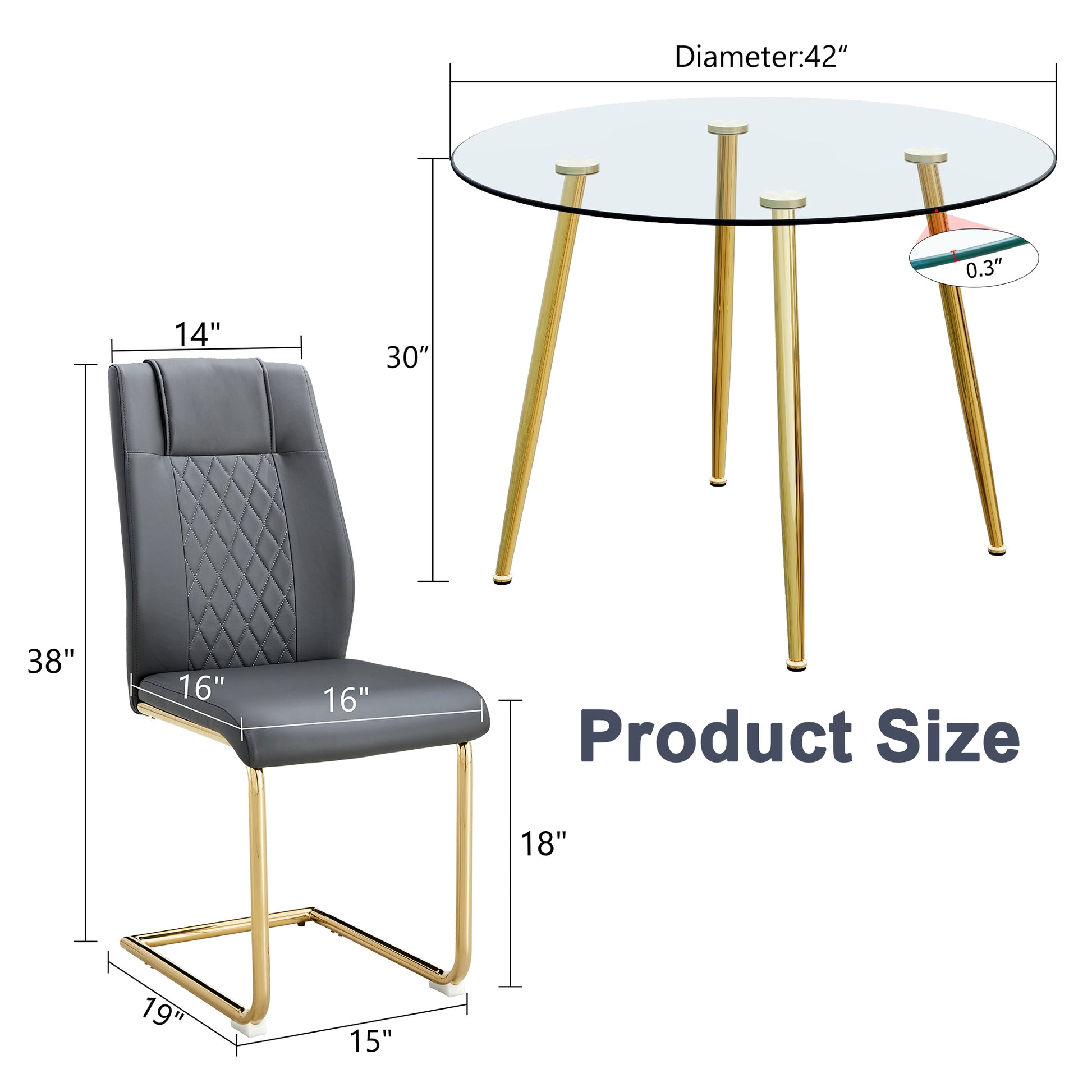 A Modern Minimalist Style Round Transparent Tempered Glass Table With Gold Metal Legs, Paired With 4 Modern Pu Leather High Back Dining Chairs,Bring A Luxurious Experience. Dark Gray Seats 4 Glass Metal