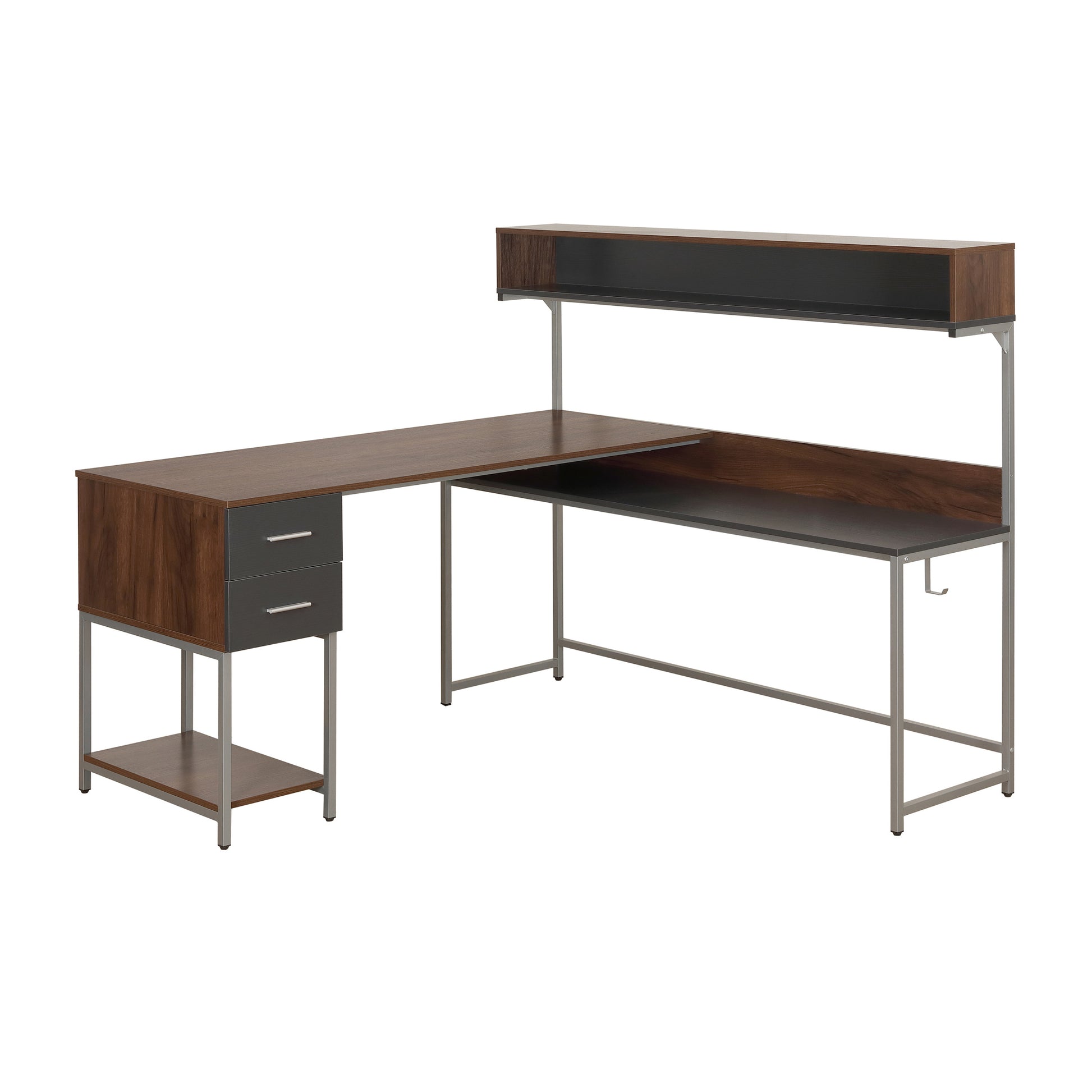 Techni Mobili L Shape Desk With Hutch And Storage, Walnut Walnut Computer Desk Office Modern L Shape Engineered Wood