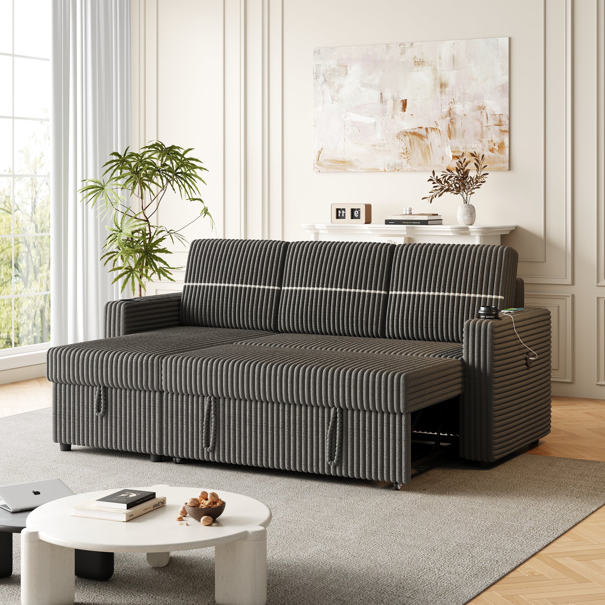85 Inches Corduroy Sofa Bed, 3 Seater Sleeper Sofa With Storage Chaise, Square Handrail With Two Cup Holder And Usb Charge Port, Pull Out Couch For Living Room Dark Grey Corduroy 3 Seat