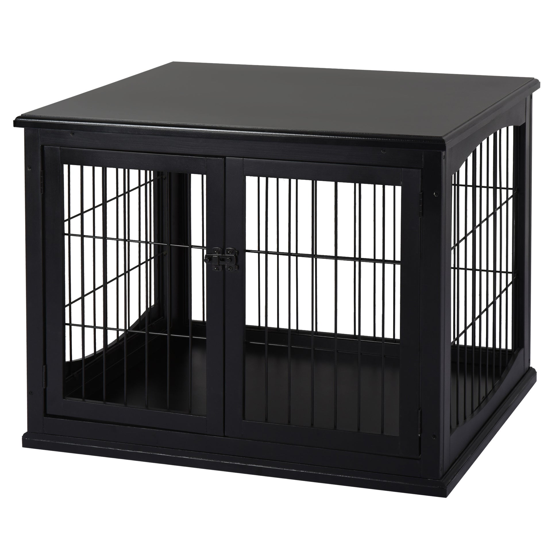 Pawhut Dog Crate Furniture, Small Dog Cage End Table With Two Opening Sides, Lockable Door, Puppy Kennel Indoor, Cute And Decorative, Black Black Mdf