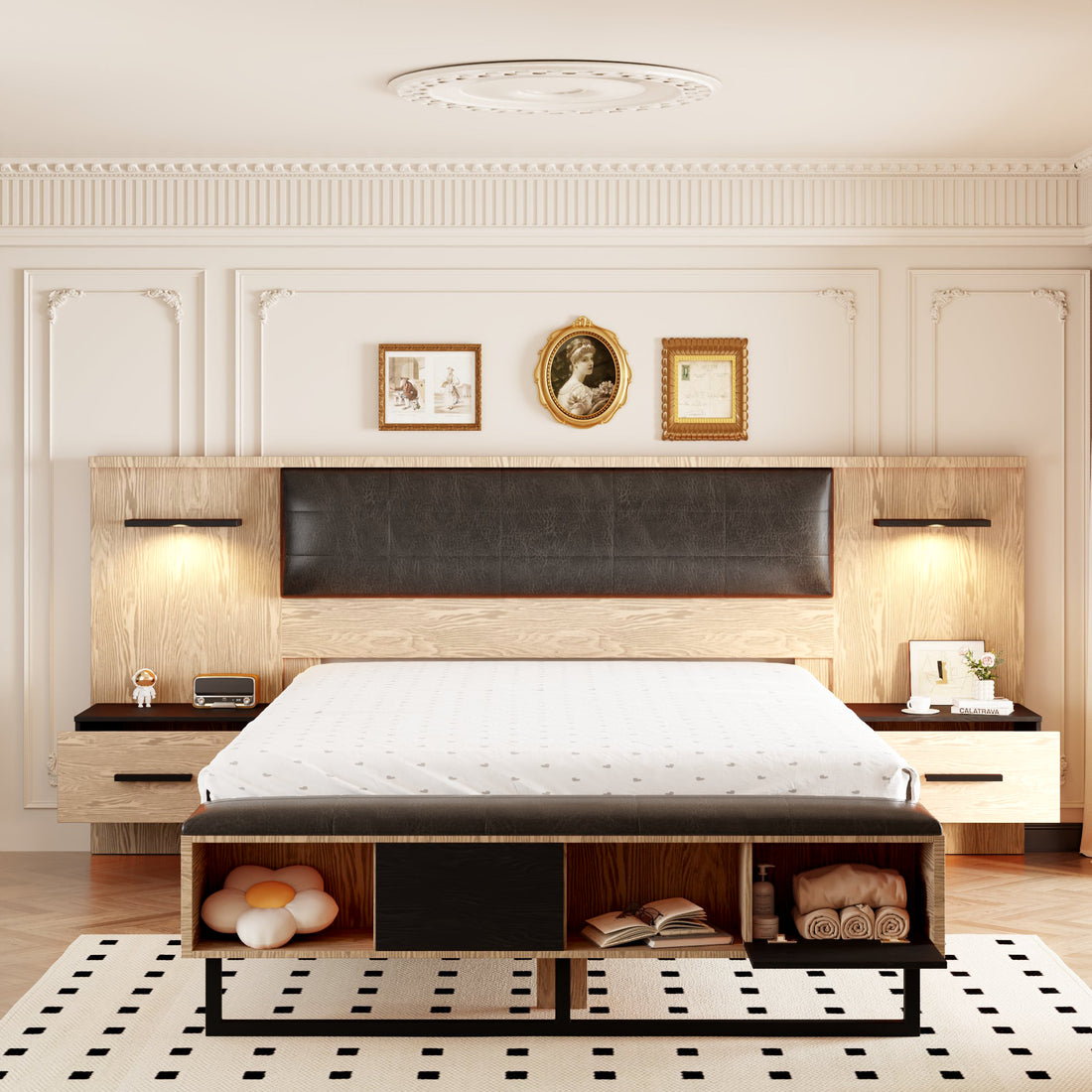 Queen Size Wood Platform Bed With Upholstered Headboard, Lights And Storage Nightstand, Bench, Walnut Box Spring Not Required Queen Walnut Wood Bedroom Bed Frame Faux Leather Solid Wood Mdf