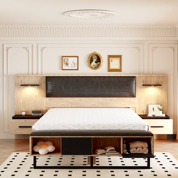 Queen Size Wood Platform Bed With Upholstered Headboard, Lights And Storage Nightstand, Bench, Walnut Box Spring Not Required Queen Walnut Wood Bedroom Bed Frame Faux Leather Solid Wood Mdf