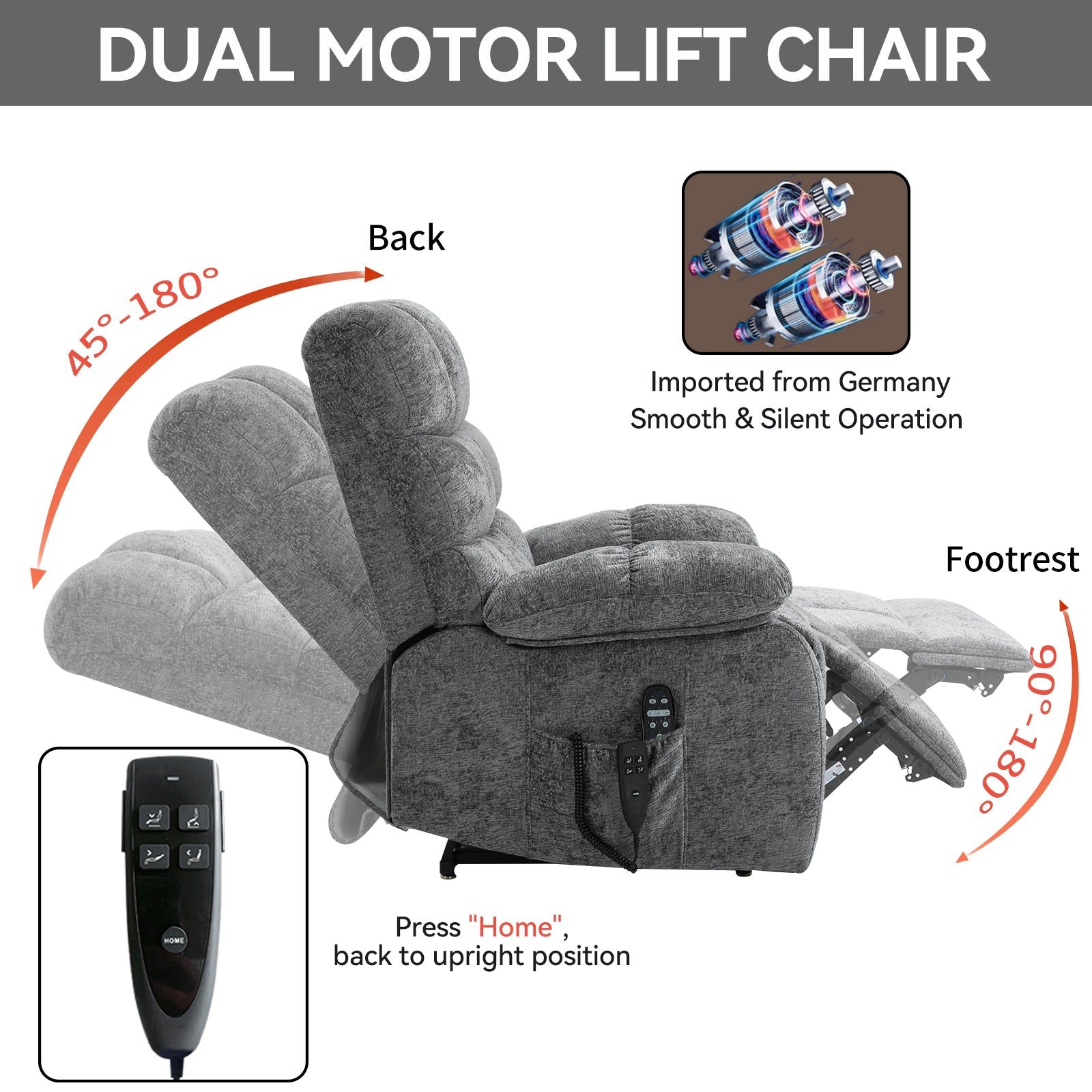 Lift Recliner Chair Heat Massage Dual Motor Infinite Position Up To 350 Lbs Large Electric Power Lift Recliners With Power Remote, Medium Firm And Heavy Duty, Grey White Metal Primary Living Space Heavy Duty Pine Grey Chenille Power Remote Medium Firm