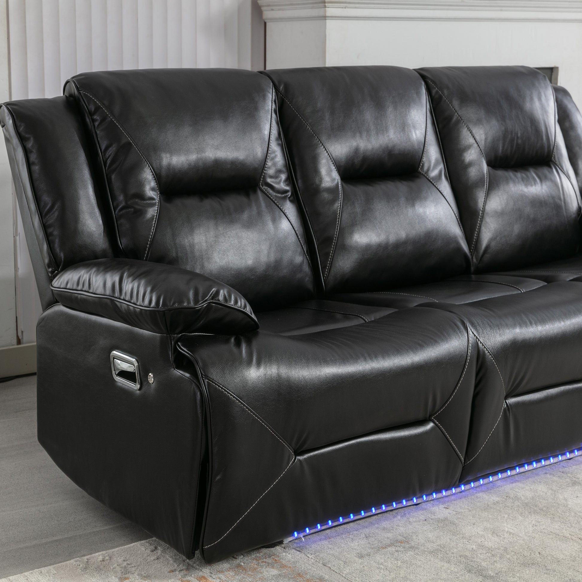 3 Seater Home Theater Recliner Manual Recliner Chair With A Led Light Strip Two Built In Cup Holders For Living Room,Bedroom, Black Black Foam Pu