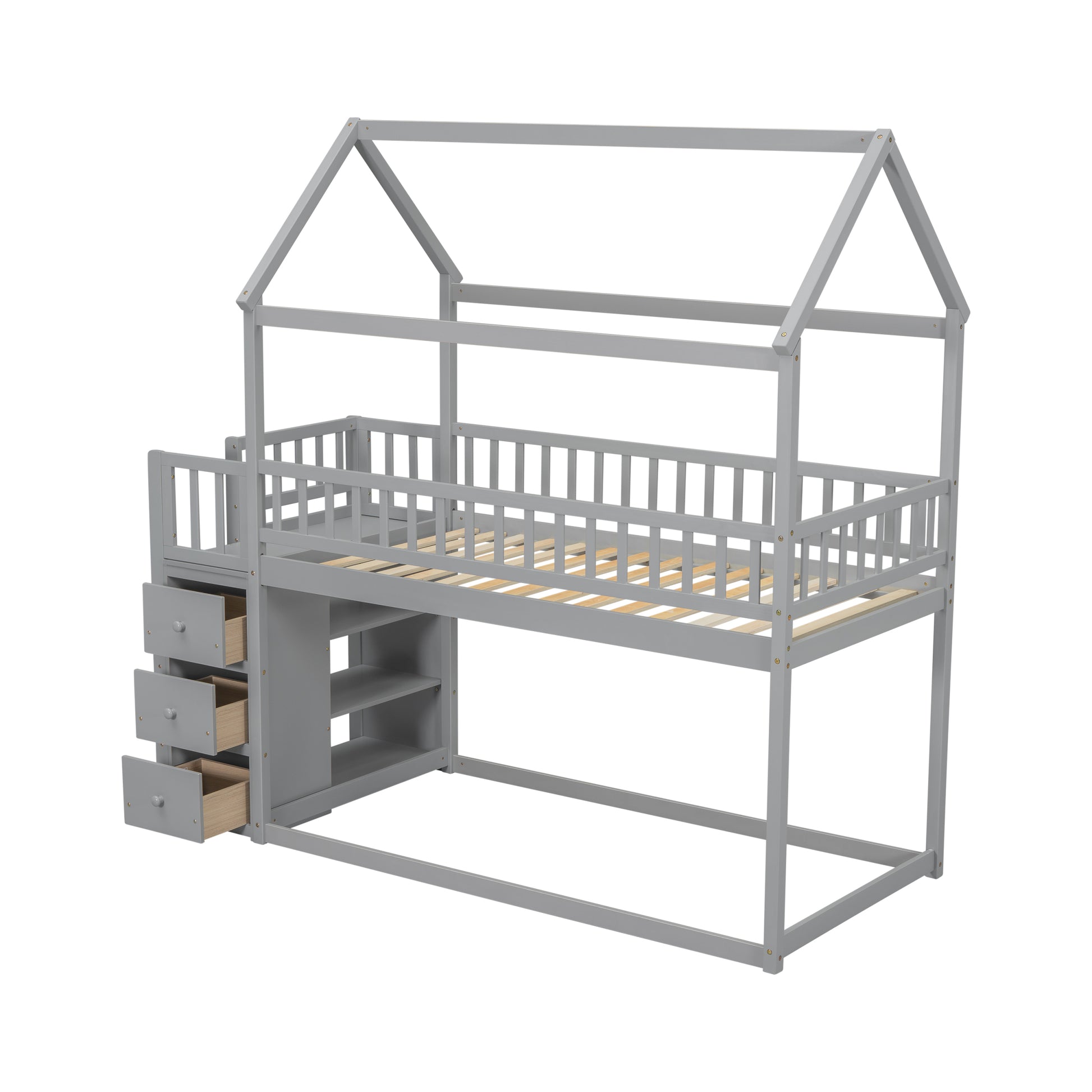 Twin Twin House Bunk Bed With Shelves And Drawers For Grey Color Box Spring Not Required Twin Grey Bedroom Bunk Pine