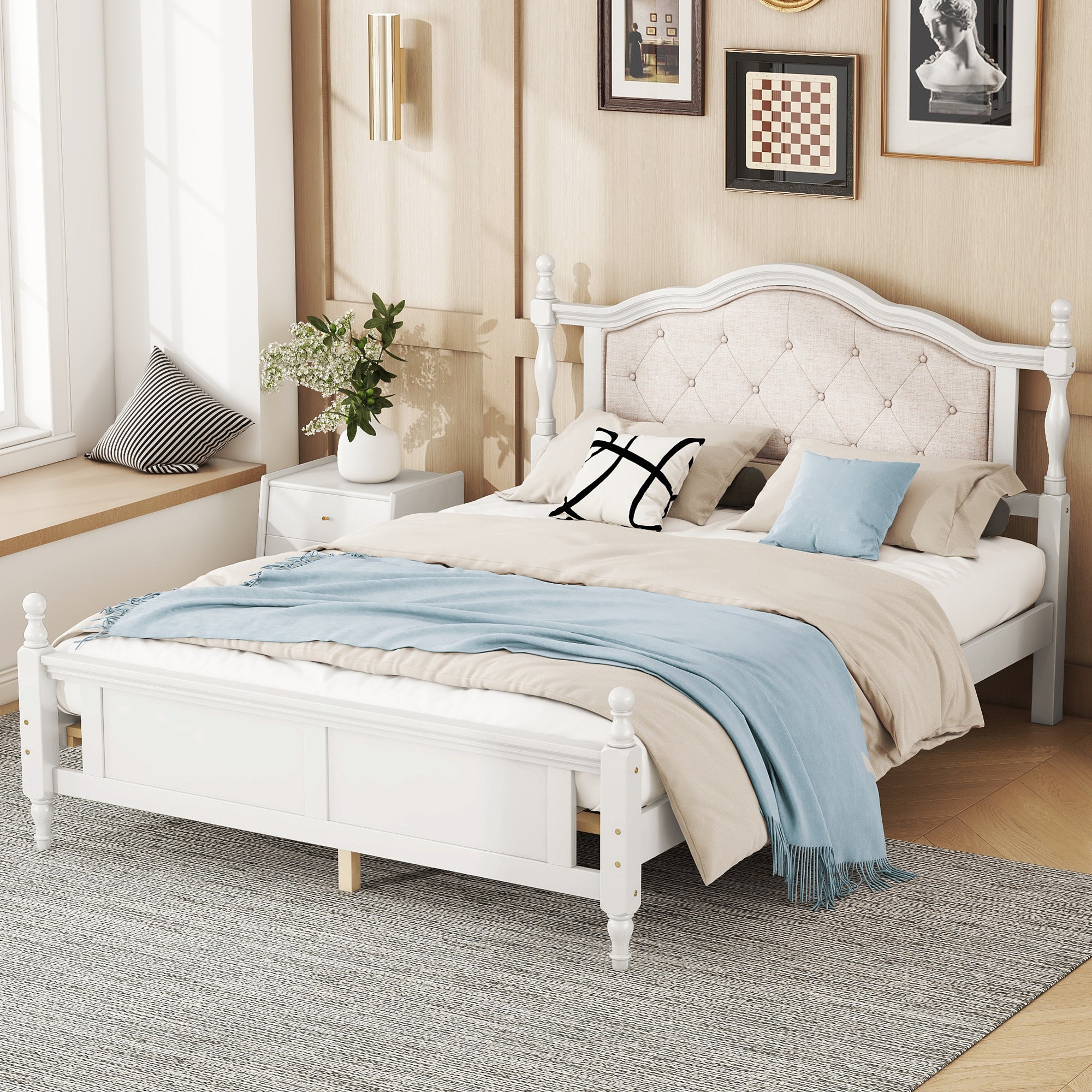 Queen Pine Wooden Bed With Upholstered Headboard And Panel Footboard, With Two Bed Rail Support Feet And Central Platform Support Feet ,White Queen White Pine