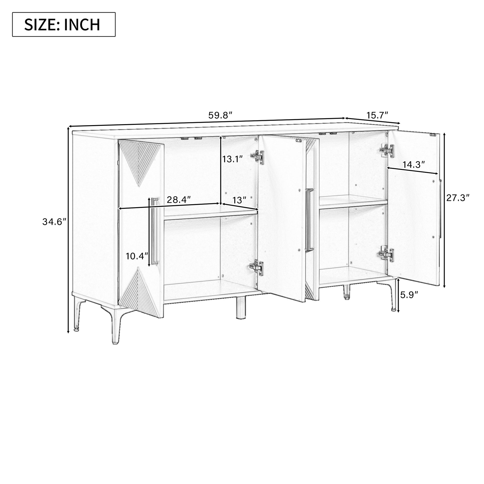 Unique Features Of A Four Door Cabinet With Two Tone Triangular Pattern Doors, Suitable For Entryway, Hallway, Living Room 3 4 Spaces Grey Primary Living Space Adjustable Shelves Artsy,Contemporary Mdf