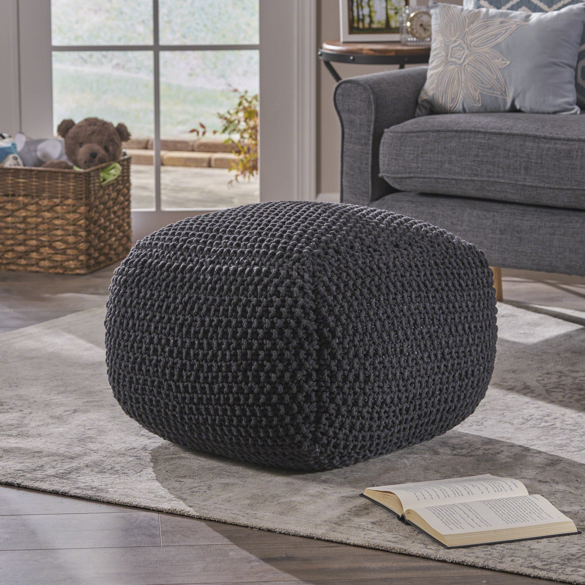 Hollis Knitted Cotton Pouf Cube 20 X 20 X 16 Pouf Dark Grey Cotton