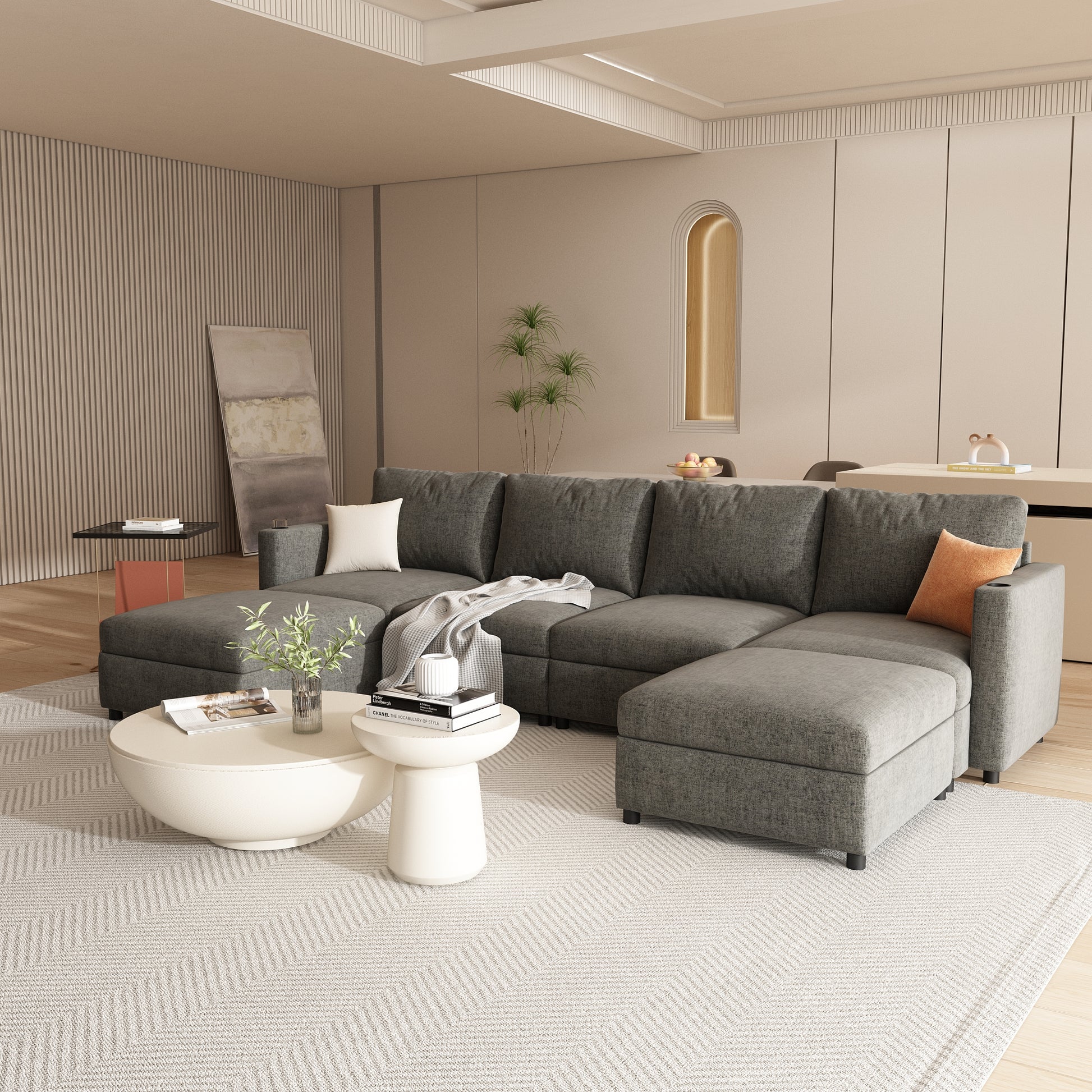Modern Large Sectional Sofa, U Shape Modular Sectional Couch With Storage Function,123" Sofa Bed With Ottoman,6 Seat Sectionals Chaise For Living Room,Chenille Grey Fabric 6 Seat