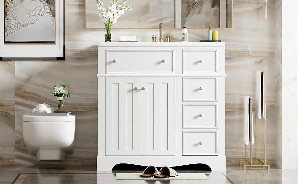 36'' Bathroom Vanity With Resin Sink Combo, Solid Wood Frame Bathroom Storage Cabinet, Freestanding Vanity Set With 3 Drawers& Adjustable Shelf White Bathroom Modern Solid Wood Mdf Resin