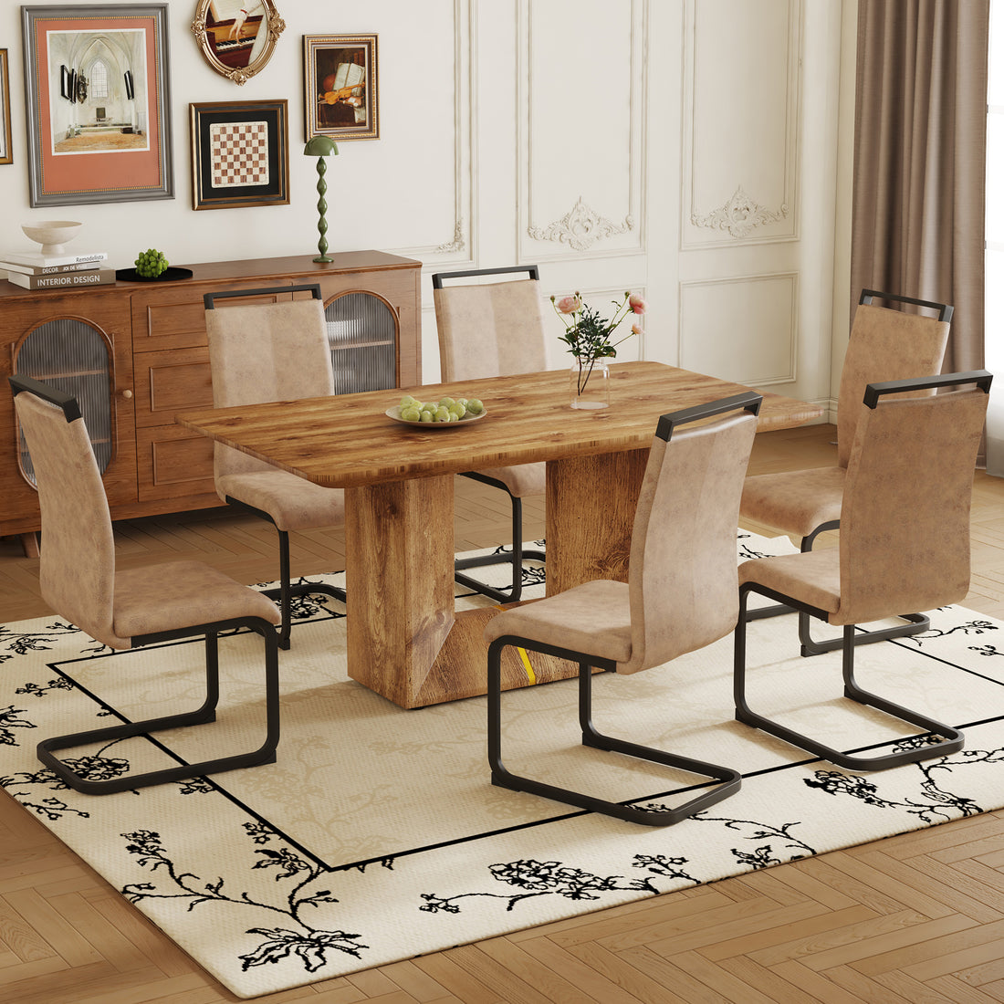 Table And Chair Set. Modern Dining Table With Mdf Top And Beautiful Mdf Legs. Comes With Brown Comfortable Chair With Pu Seat And Metal Legs. Suitable For A Wide Range Of Decorative Styles. Brown,Wood Seats 6 Mdf