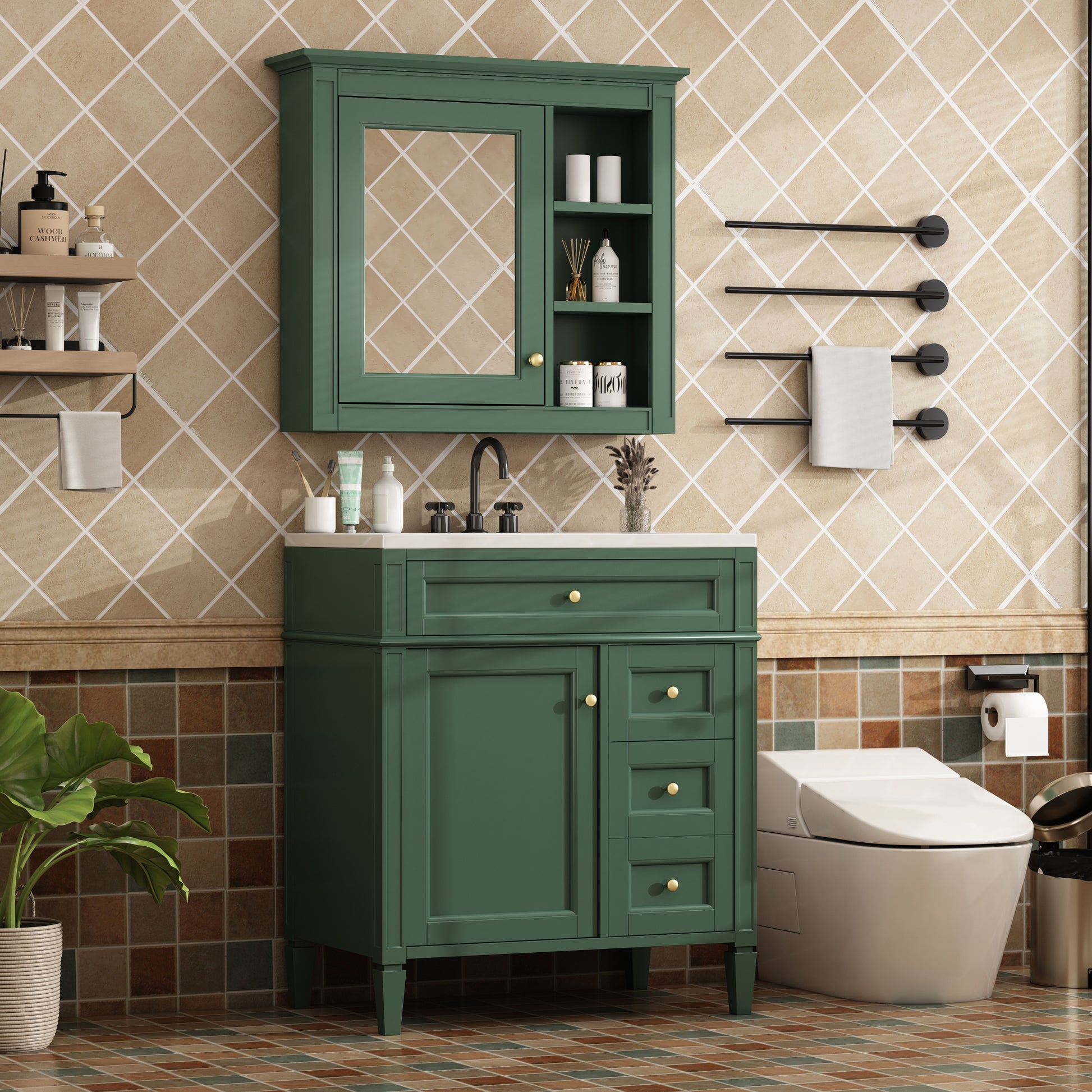 30'' Bathroom Vanity With Top Sink, Modern Bathroom Storage Cabinet With 2 Drawers And A Tip Out Drawer, Freestanding Vanity Set With Mirror Cabinet, Single Sink Bathroom Vanity 3 Green 2 4 Adjustable Hinges Bathroom Freestanding Solid Wood Mdf Resin