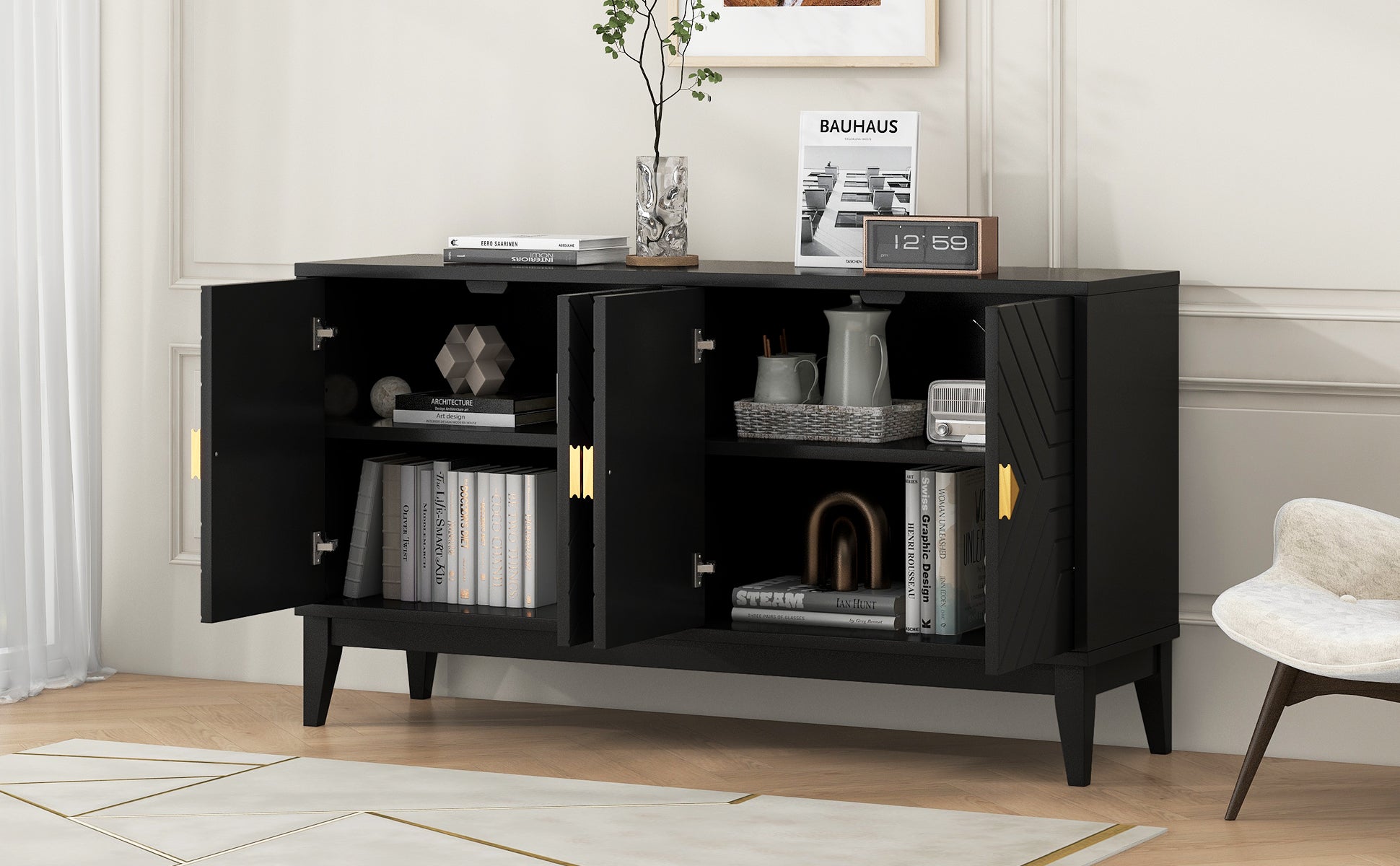 4 Door Sideboard Storage Cabinet For Living Room And Dining Room, Two Large Cabinets With Gold Handles And Adjustable Shelf, Black Black Rubberwood Solid Wood Mdf