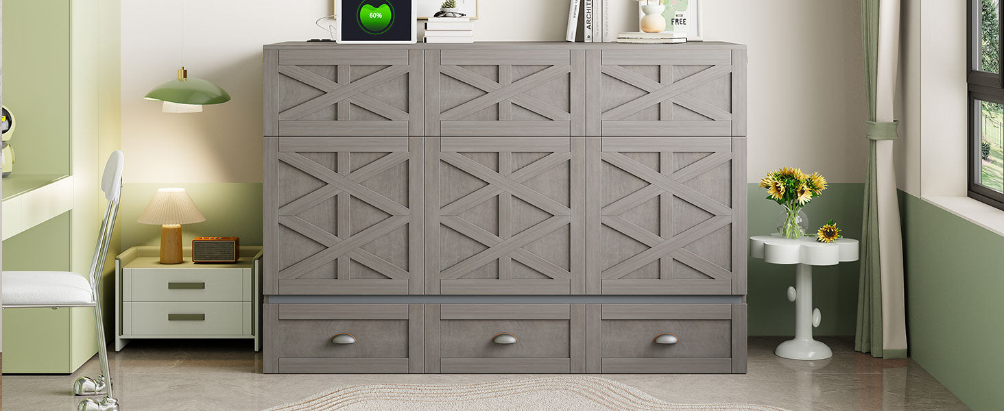 Full Size Murphy Bed With Large Drawers,Brushed Gray Full Gray Plywood