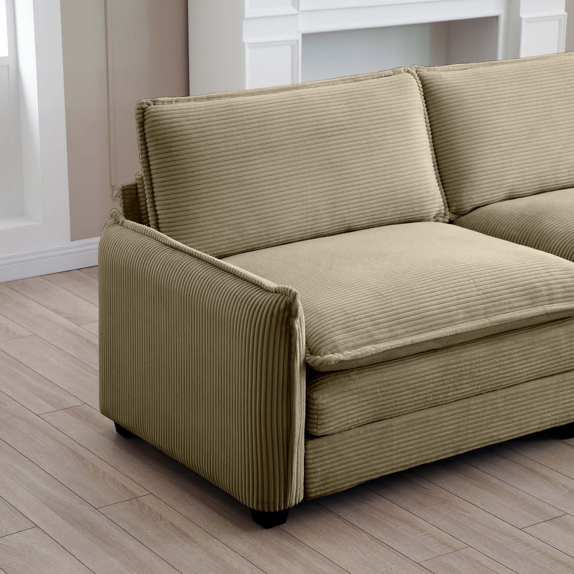 Mid Century Modern 3 Seater Sectional Sofa With 2 Arm Pillows And 3 Throw Pillows,Tan Corduroy Fabric Tan Corduroy 3 Seat