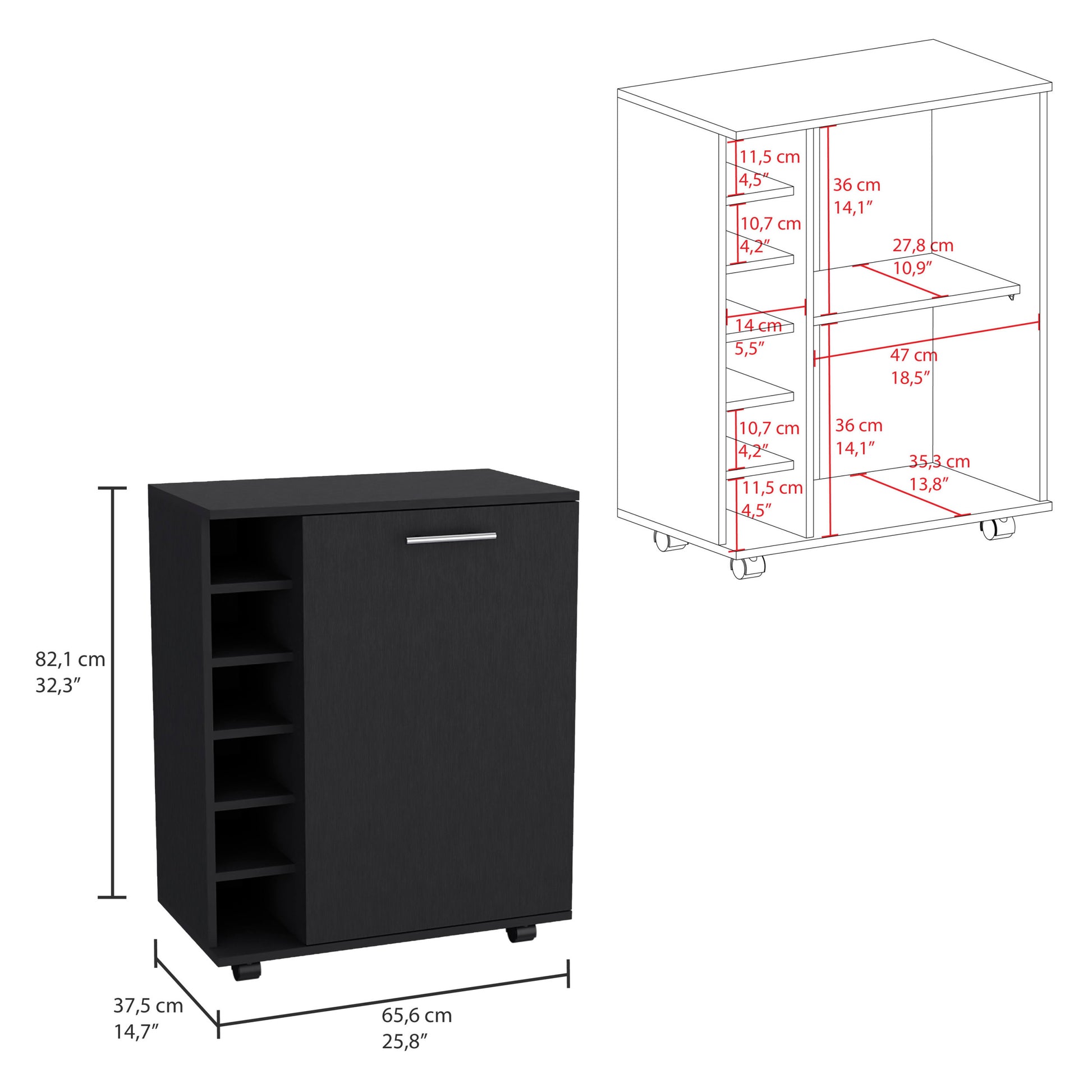 Wick Bar Cart With Integrated Wine Storage, Spacious Cabinet And Smooth Rollers Black Dining Room Modern Particle Board Open Storage Engineered Wood