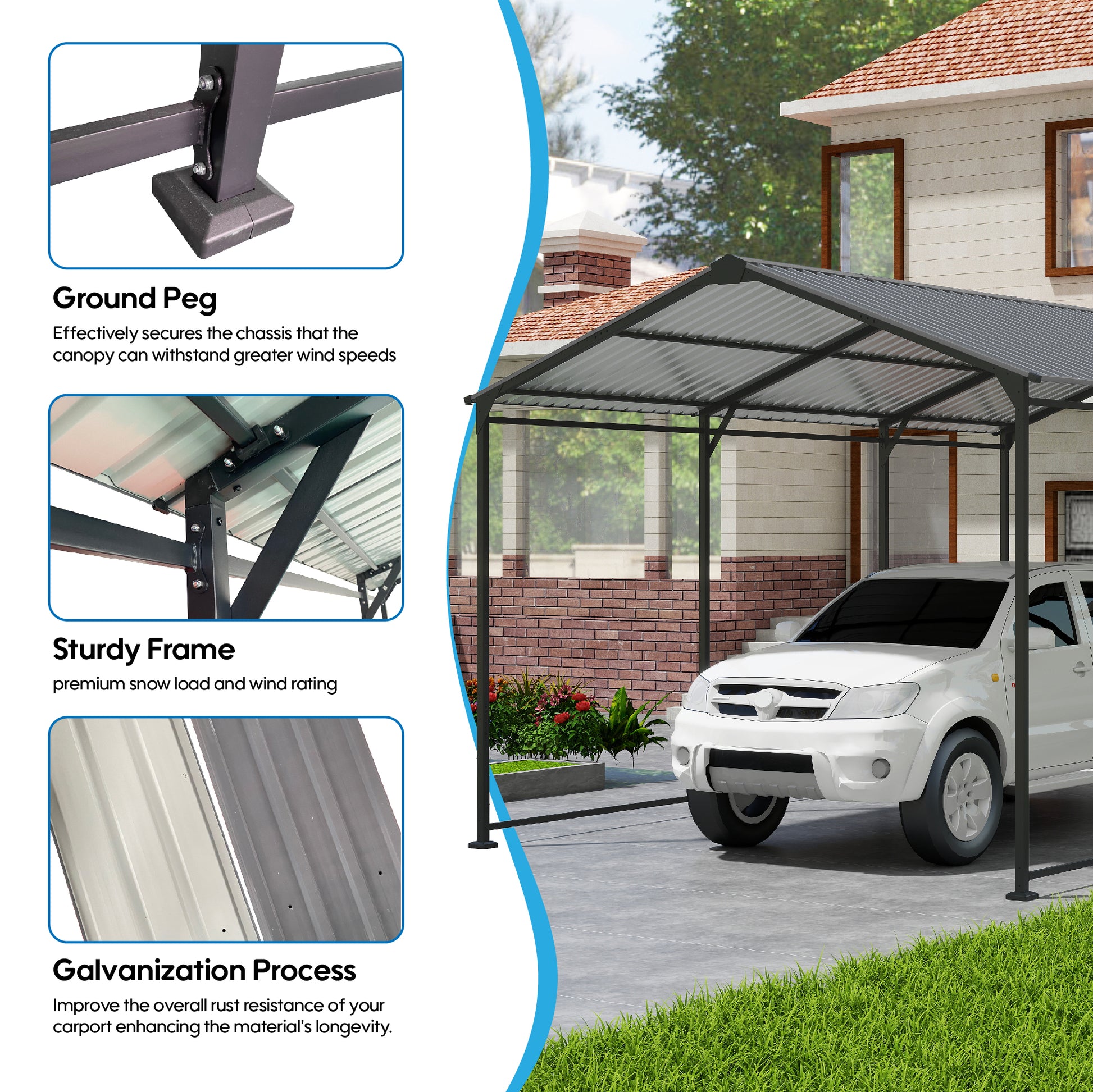 Metal Carport 10 15 Ft Heavy Duty With Galvanized Steel Roof, Metal Garage Canopy With Galvanized Steel Roof & Frame, Car Tent Outdoor Storage Shed For Car, Boats And Truck, Gray Grey Metal