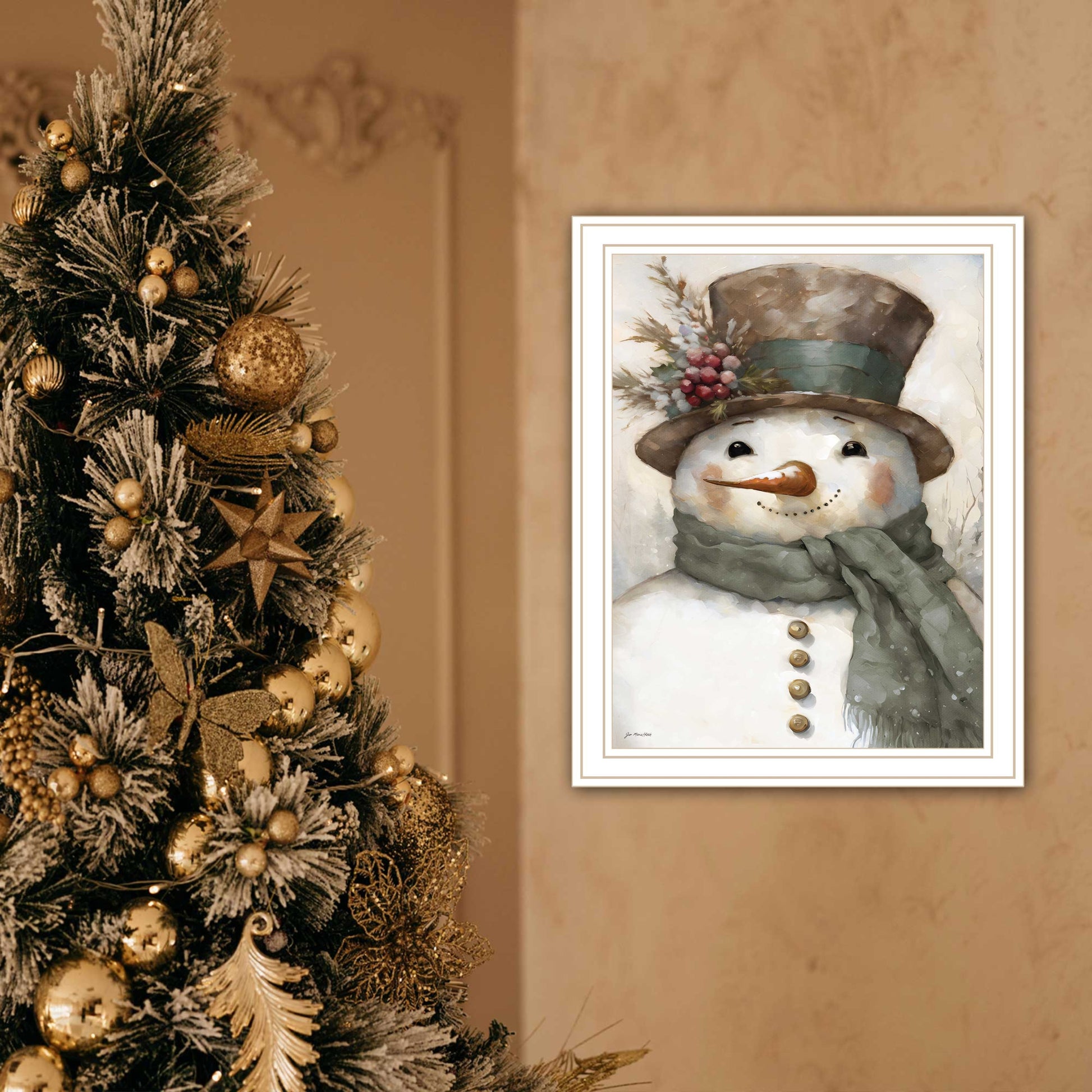 Old World Frosty The Snowman White Framed Wall Art For Living Room, Holiday Wall Art Print For Home Decor, Bedroom Wall Art By Jo Moulton Multicolor Wood Paper