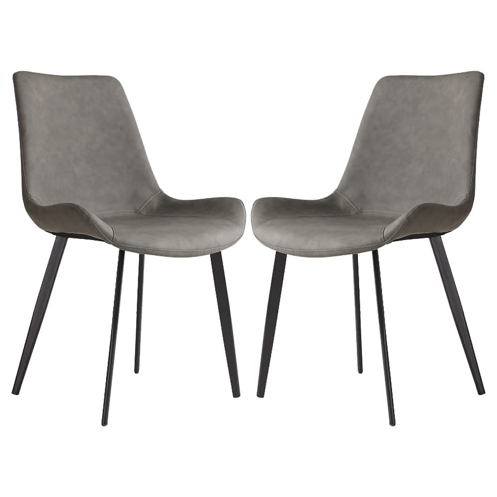 2 Pcs Faux Leather Dining Chairs, Mid Century Modern Leisure Upholstered Chair With Metal Legs For Kitchen Living Room Grey Gray Pu Set Of 2 Carbon Steel Pu Leather