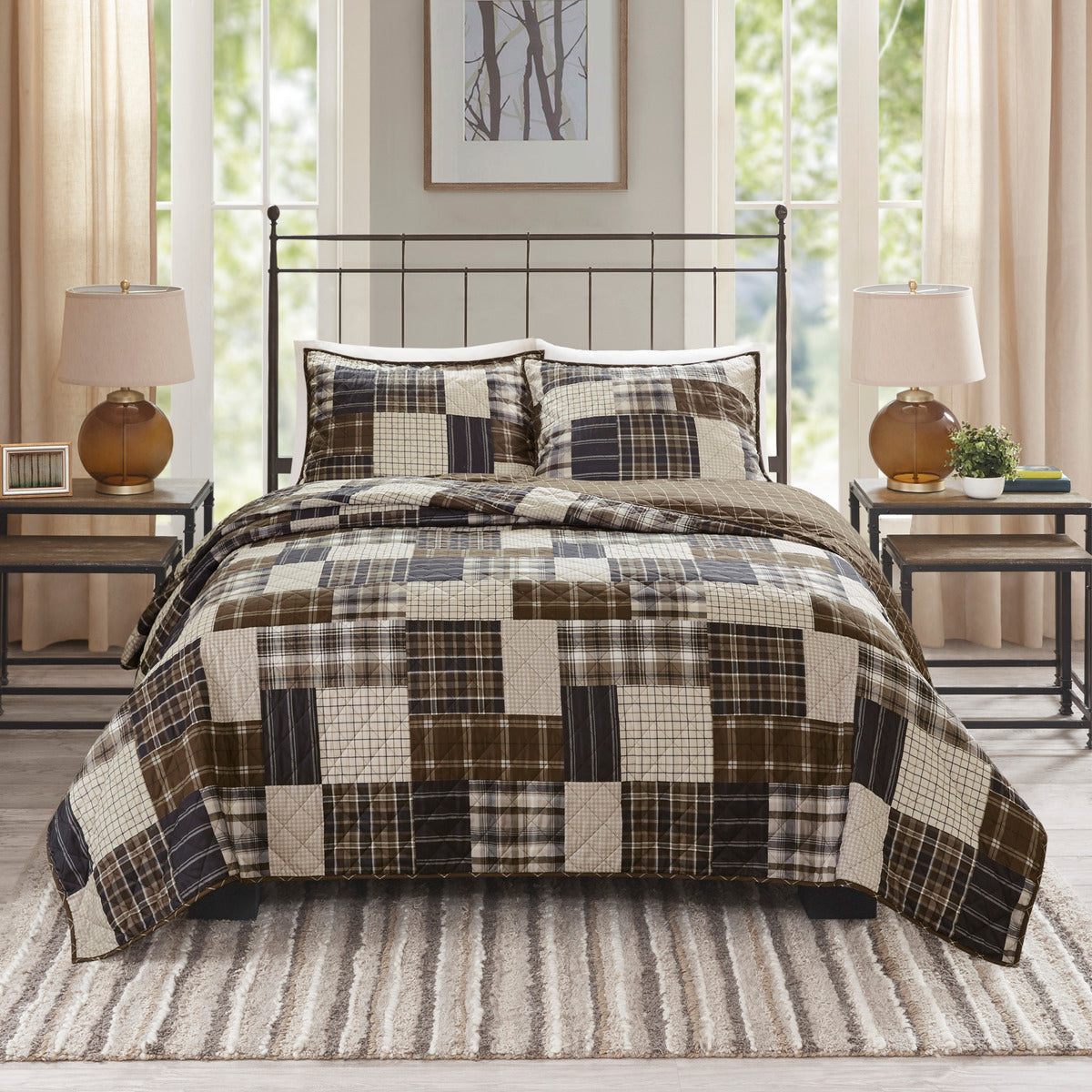 3 Piece Reversible Printed Quilt Set Black Brown King Cal King Black Brown Microfiber
