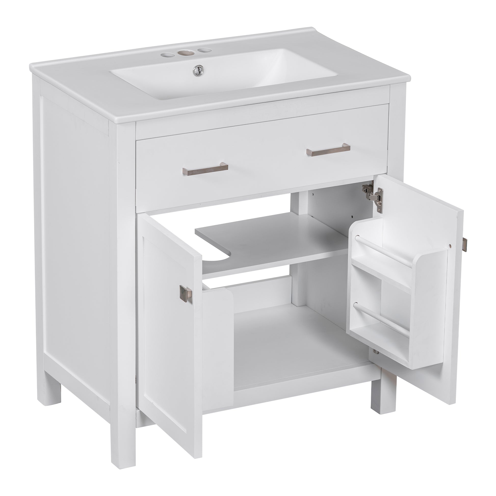 30 Inch Bathroom Vanity With Ceramic Sink, Modern White Single Bathroom Cabinet With 2 Doors And A Shelf, Soft Close Doors White Bathroom Solid Wood Mdf