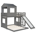 Wooden Twin Over Full Bunk Bed, Loft Bed With Playhouse, Farmhouse, Ladder, Slide And Guardrails, Antique Gray Old Sku :Lt000028Aae Twin Antique Gray Solid Wood