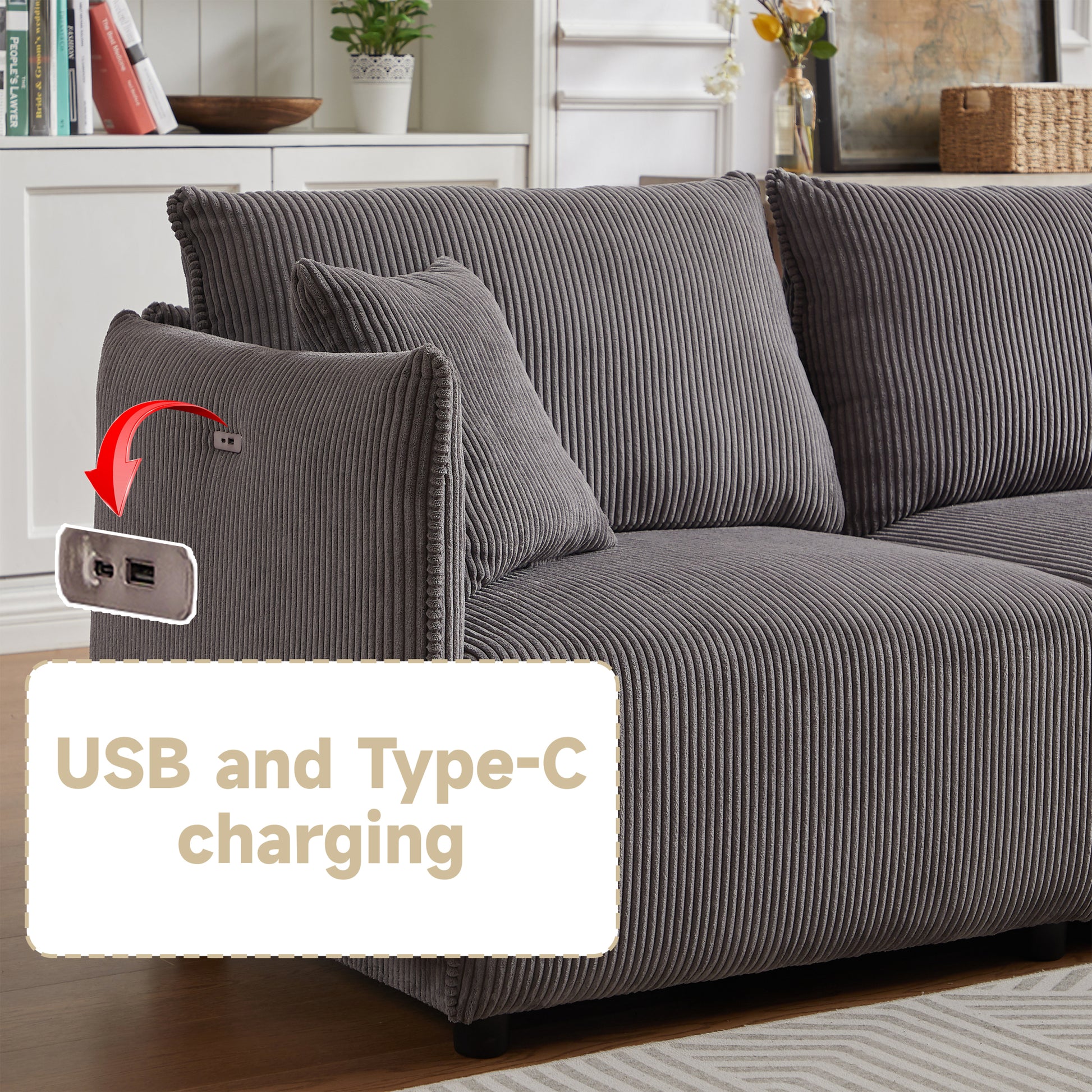 Multi Module Combination Style Sofa For Living Room, Bedroom And Other Lounge Spaces, Modern Minimalist Corduroy Combination Sofa With 2 Comfort Cushions With Usb & C Charging Ports,Gray,Two Sets Gray Foam Fabric 8 Seat