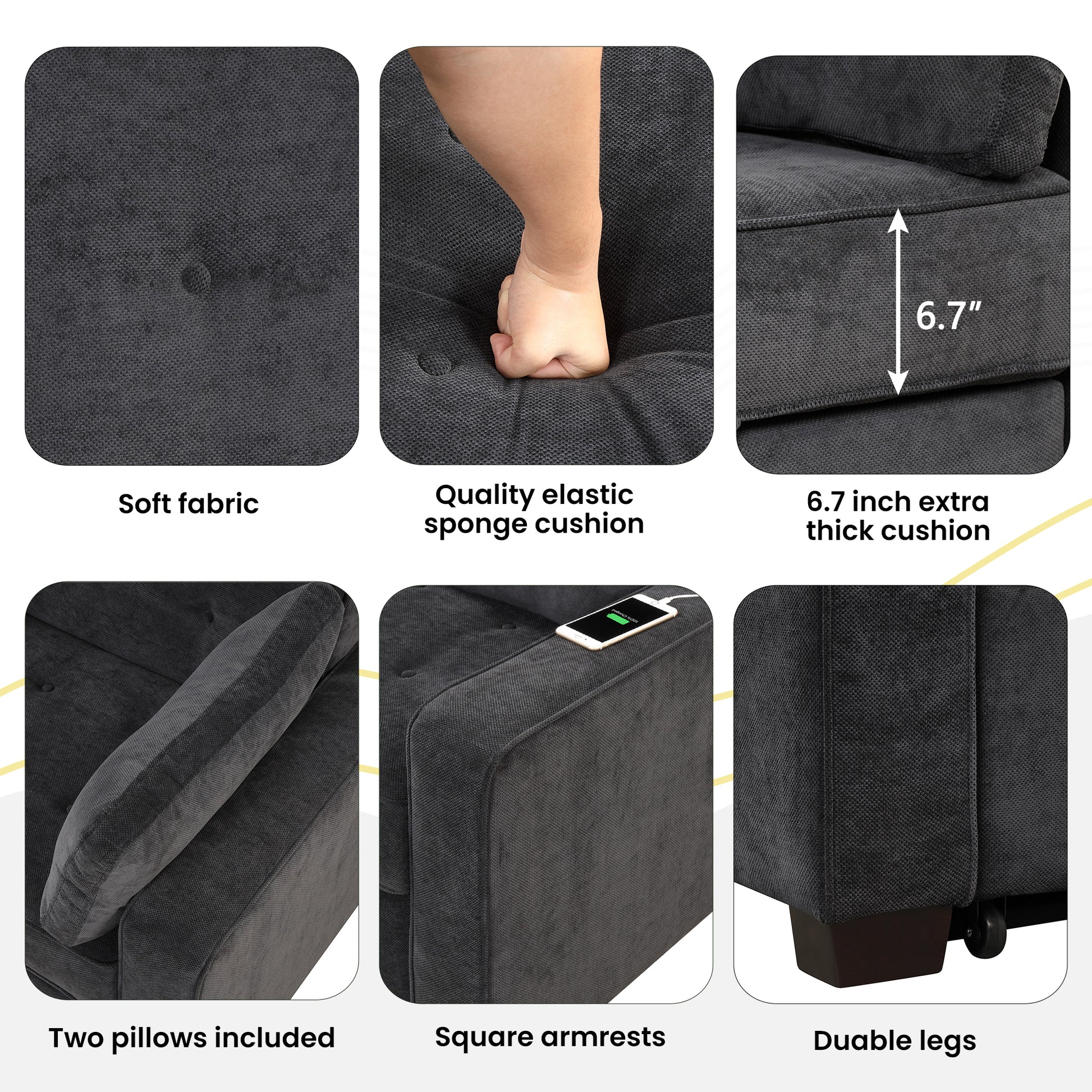 66.5" Upholstered Sleeper Bedpull Out Sofa Bed Couch Attached Two Throw Pillows,Dual Usb Charging Port And Adjustable Backrest For Living Room Space, Black Black Foam Polyester 2 Seat