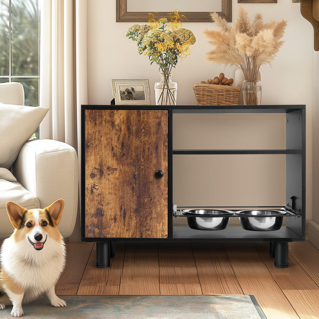 Large Pet Feeder Station, Dog Food Storage Cabinet With Stainless Steel Double Pull Out Raised Dog Bowls For Feeding & Watering Supplies Black Vintage American Design Particle Board