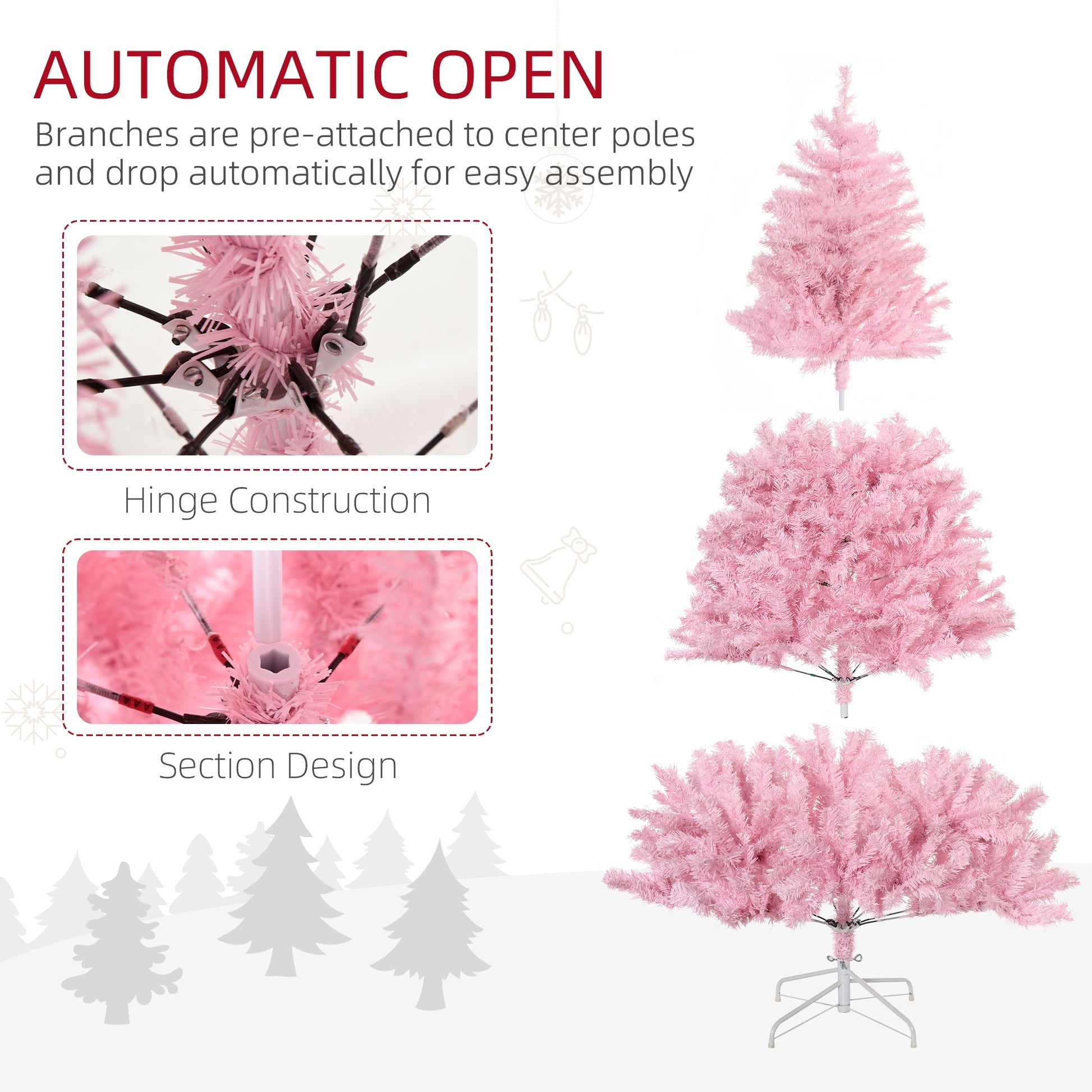 Homcom 6Ft Tall Artificial Christmas Tree Holiday D Cor With 1000 Branches, Auto Open, Steel Base, Wide Shape, Pink Pink Plastic