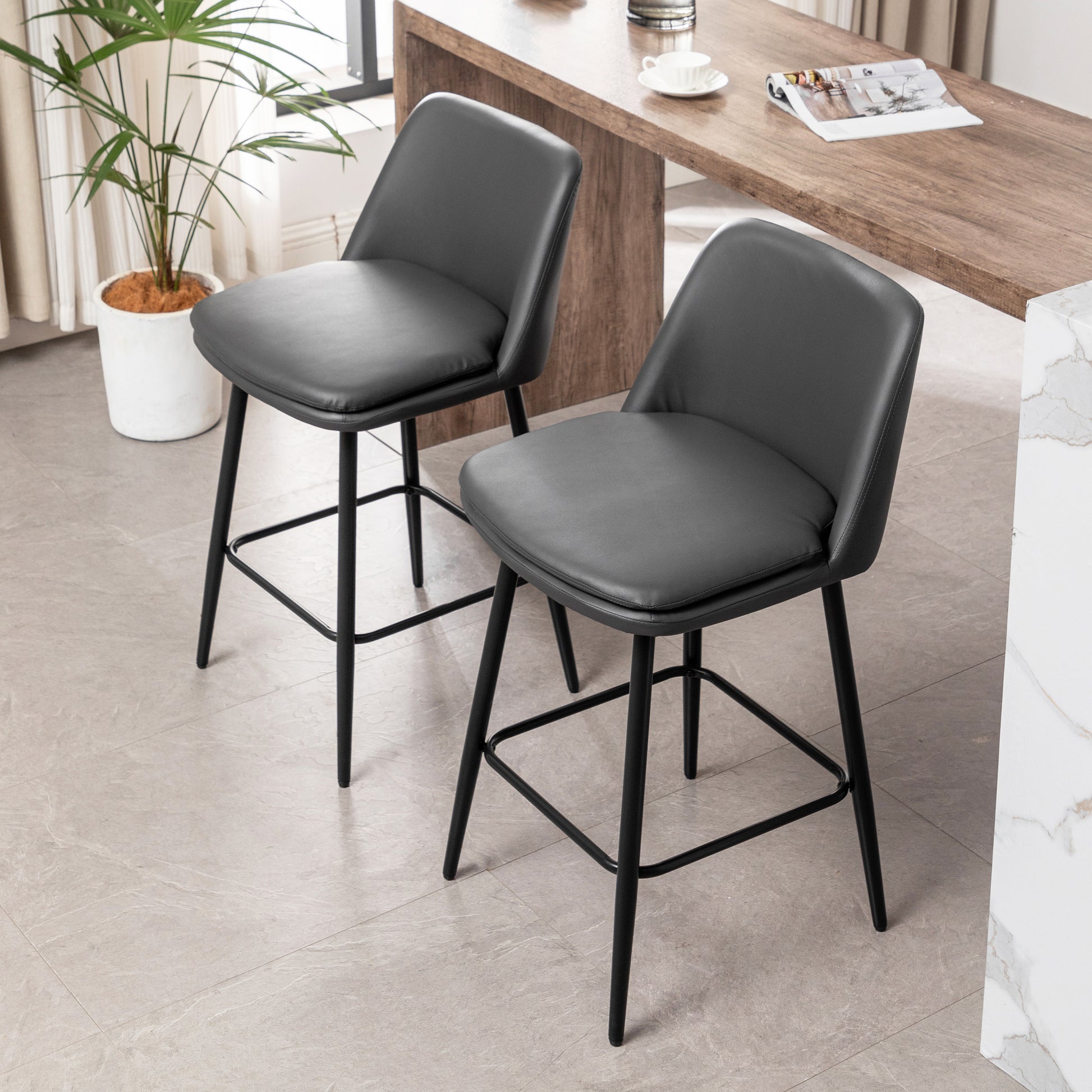 Counter Height Swivel Bar Stools Set Of 2, 360 Swivel Upholstered Barstools With Back And Metal Legs, 25.6" Seat Height,Counter Stools For Kitchen Island And Pub,Faux Leather,Grey Dark Grey Set Of 2