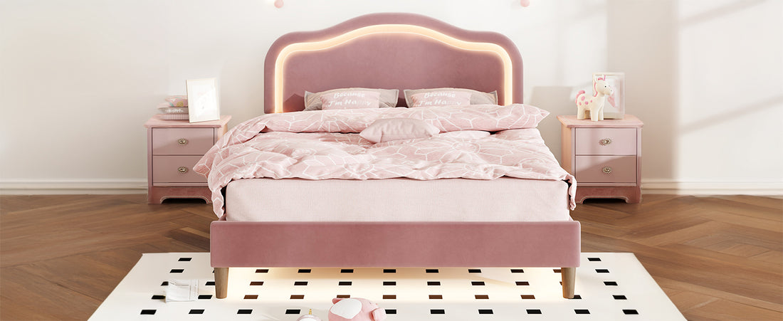 Full Size Velvet Upholstered Smart Led Bed Frame With Adjustable Height Headboard,No Box Spring Needed,Easy Assembly,Pink Box Spring Not Required Full Pink Wood Bedroom Cute,Modern Bed Frame Wood