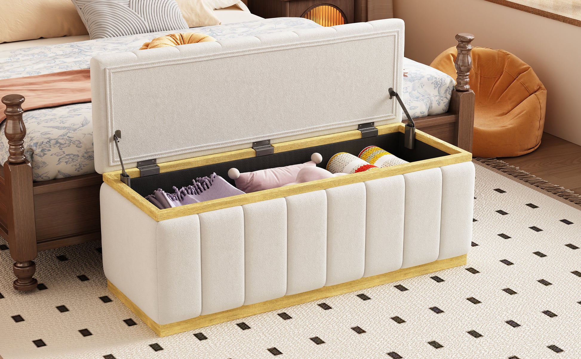 Linen Fabric Upholstered Solid Wood Frame Bench With Large Storage Space For The Living Room, Entryway And Bedroom,Beige, 40''X16''X17'' Beige Wood Oak Rectangle Internal Storage Fabric