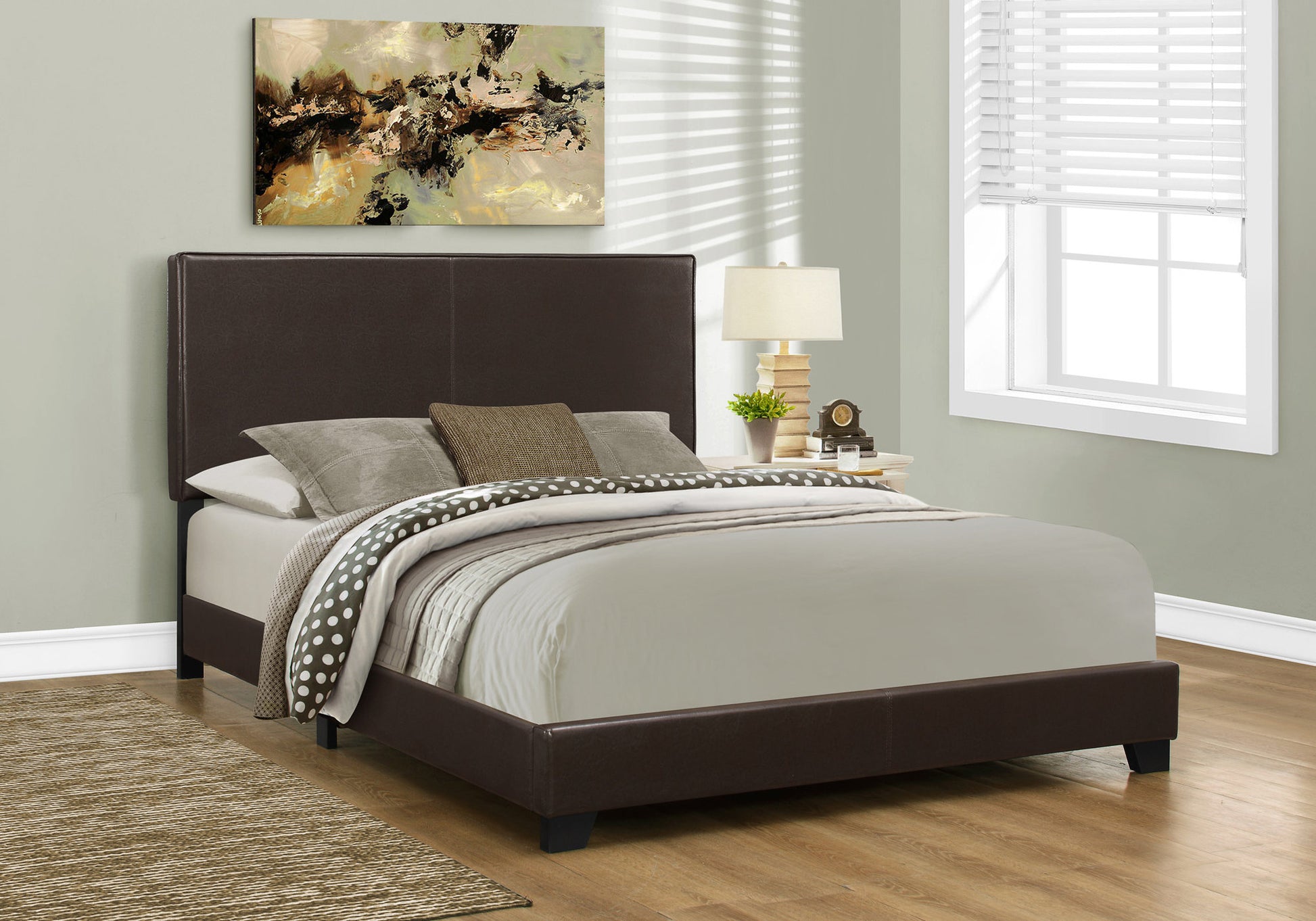 Bed, Queen Size, Bedroom, Upholstered, Brown Leather Look, Transitional Brown Foam Faux Leather