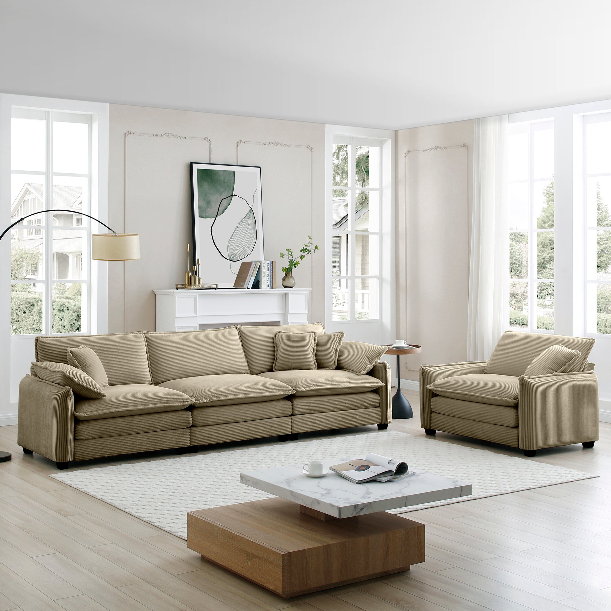 Mid Century Modern Sofa Set Of Two, One 3 Seater Sofa And One Single Seat Sofa With 2 Arm Pillows And 4 Throw Pillows,2 Pieces Sofa Set For Living Room,Tan Corduroy Fabric Tan Corduroy 4 Seat
