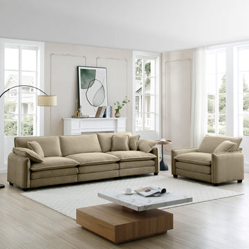 Mid Century Modern Sofa Set Of Two, One 3 Seater Sofa And One Single Seat Sofa With 2 Arm Pillows And 4 Throw Pillows,2 Pieces Sofa Set For Living Room,Tan Corduroy Fabric Tan Corduroy 4 Seat
