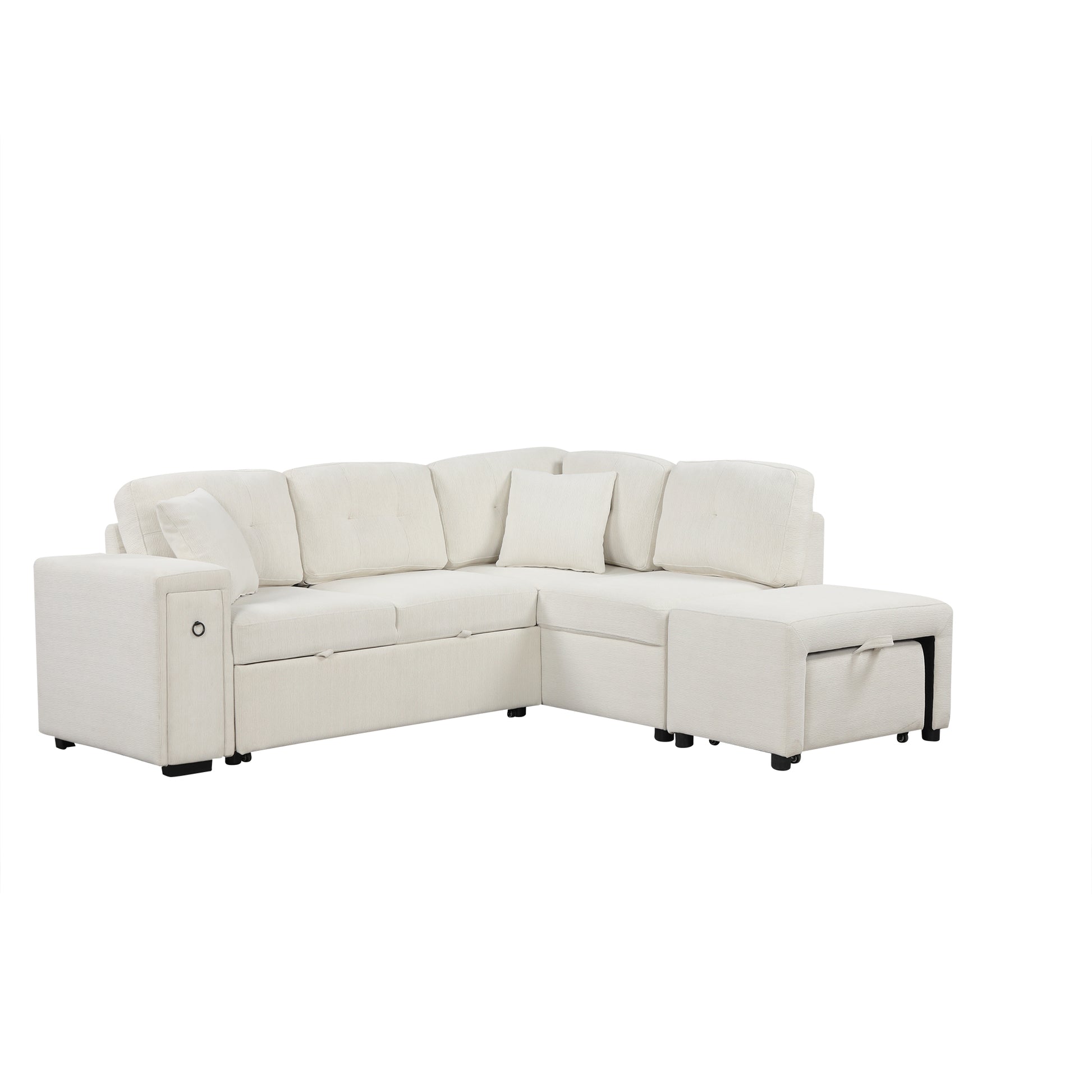 86.6" Sectional Sofa L Shaped Sofa Couch Pull Out Sofa Bed With A Movable Ottoman, Two Usb Ports And Two Cup Holders For Living Room, Beige Beige Foam Chenille 4 Seat