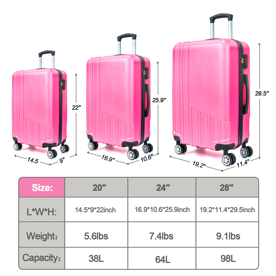 Hard Shell Abs 3 Piece Luggage Set 20 24 28 Inches , With Tsa Lock,And 360 Rotating Wheel ,Effortless Mobility Carry On Suitcase Set Men Women Rose Red Abs