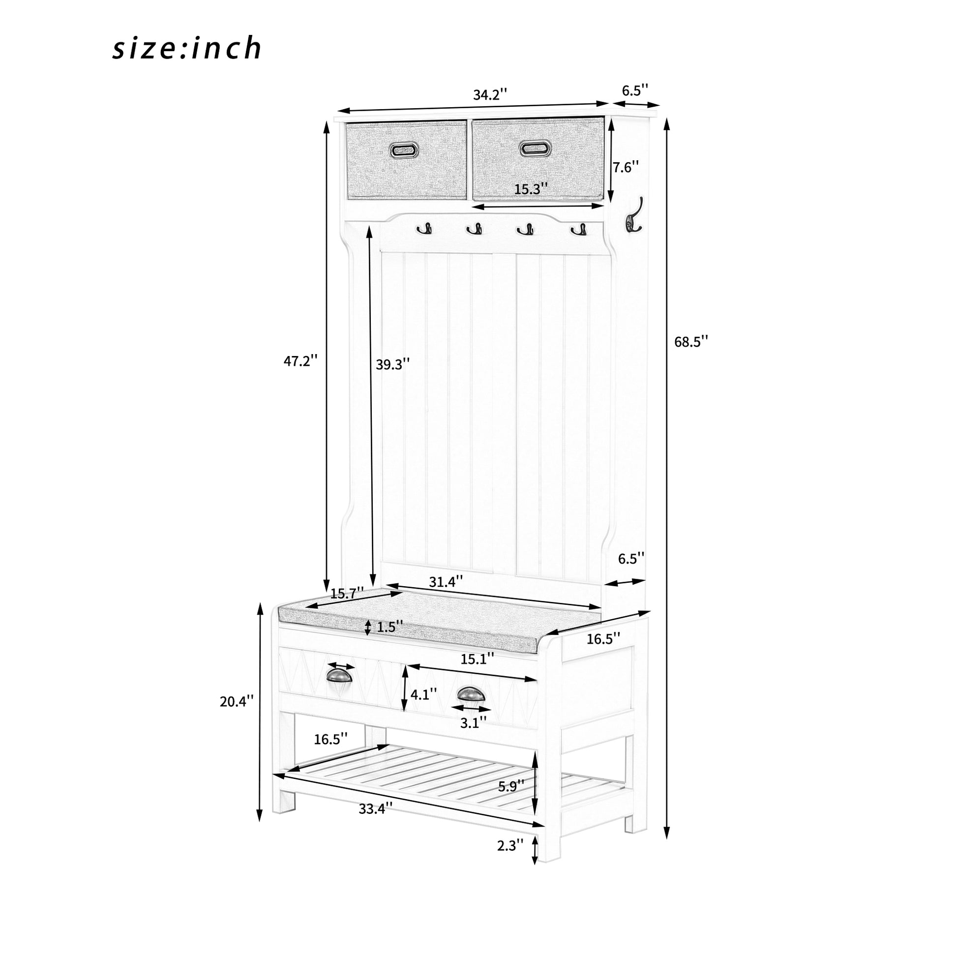 Hall Tree With 6 Hooks And Hinged Lid, Coat Hanger, Entryway Bench, Storage Bench, 3 In 1 Design, 69Inch, For Entrance, Hallway White Mdf